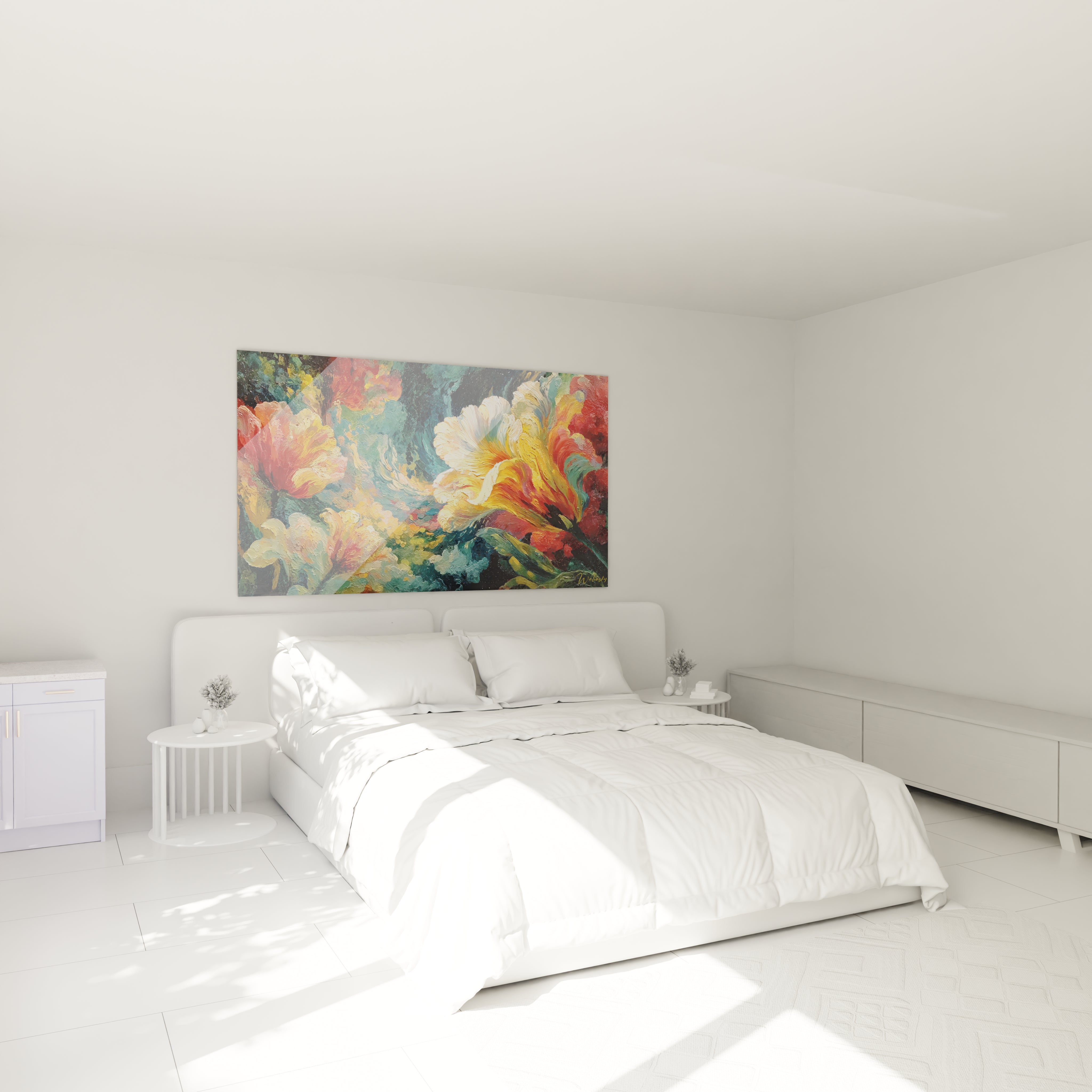 Walensky tableau fleurs baroque grand panneau coloré accroché au dessus du lit blanc dans une chambre minimaliste