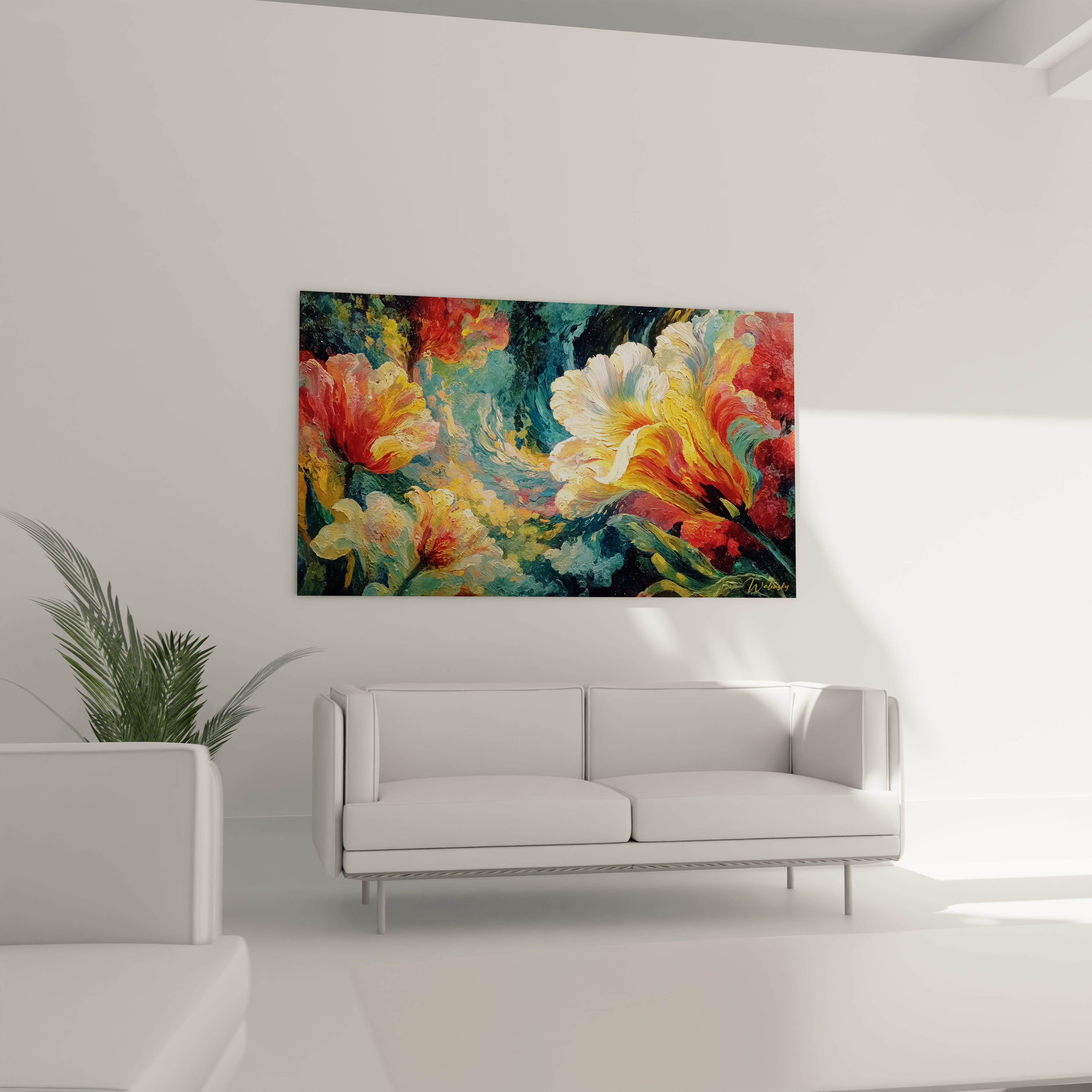 Walensky tableau fleurs baroque grand format peinture murale florale aux couleurs vives jaune rouge vert pour salon