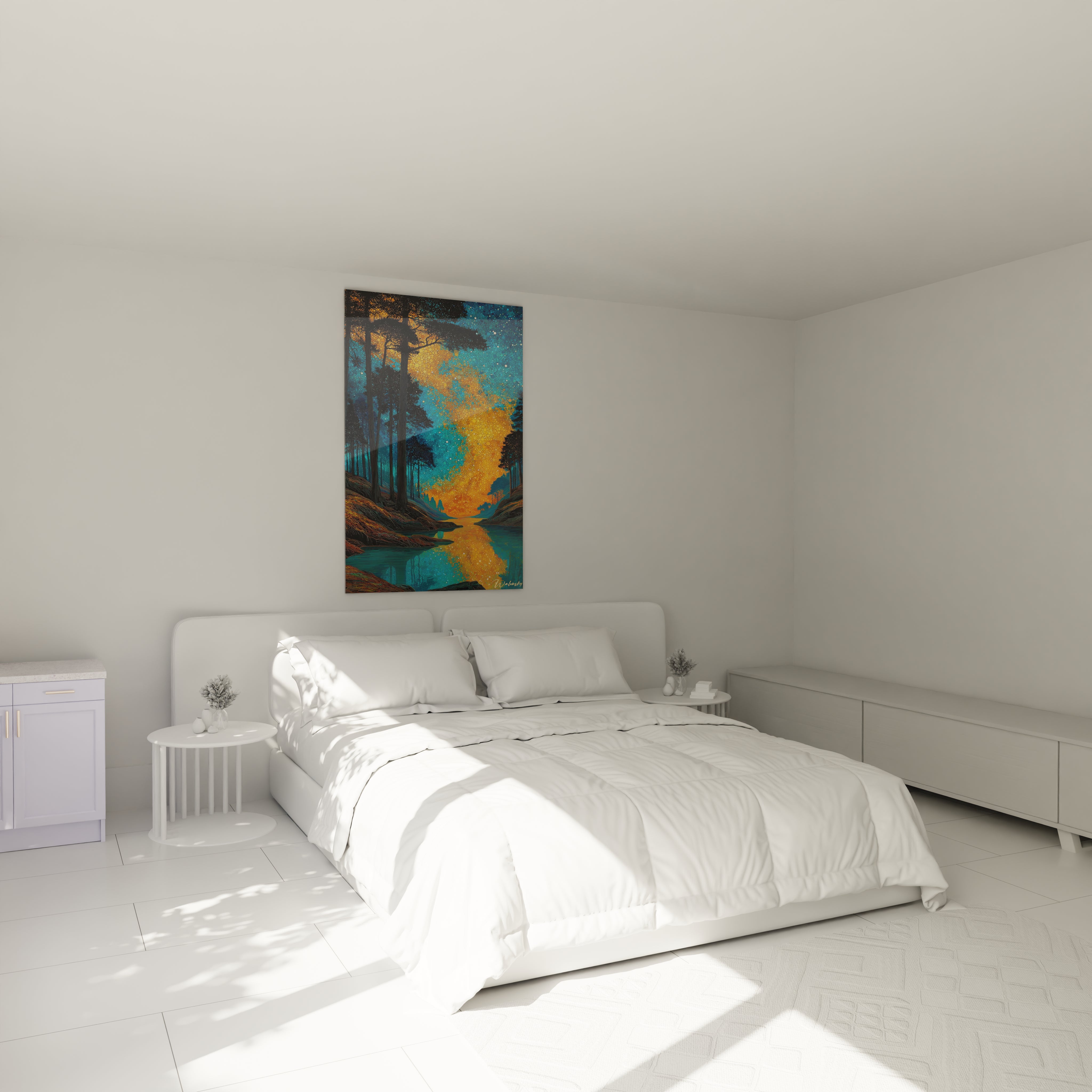 Walensky tableau forêt nuit étoilée mural suspendu au-dessus d'un lit double dans une chambre minimaliste
