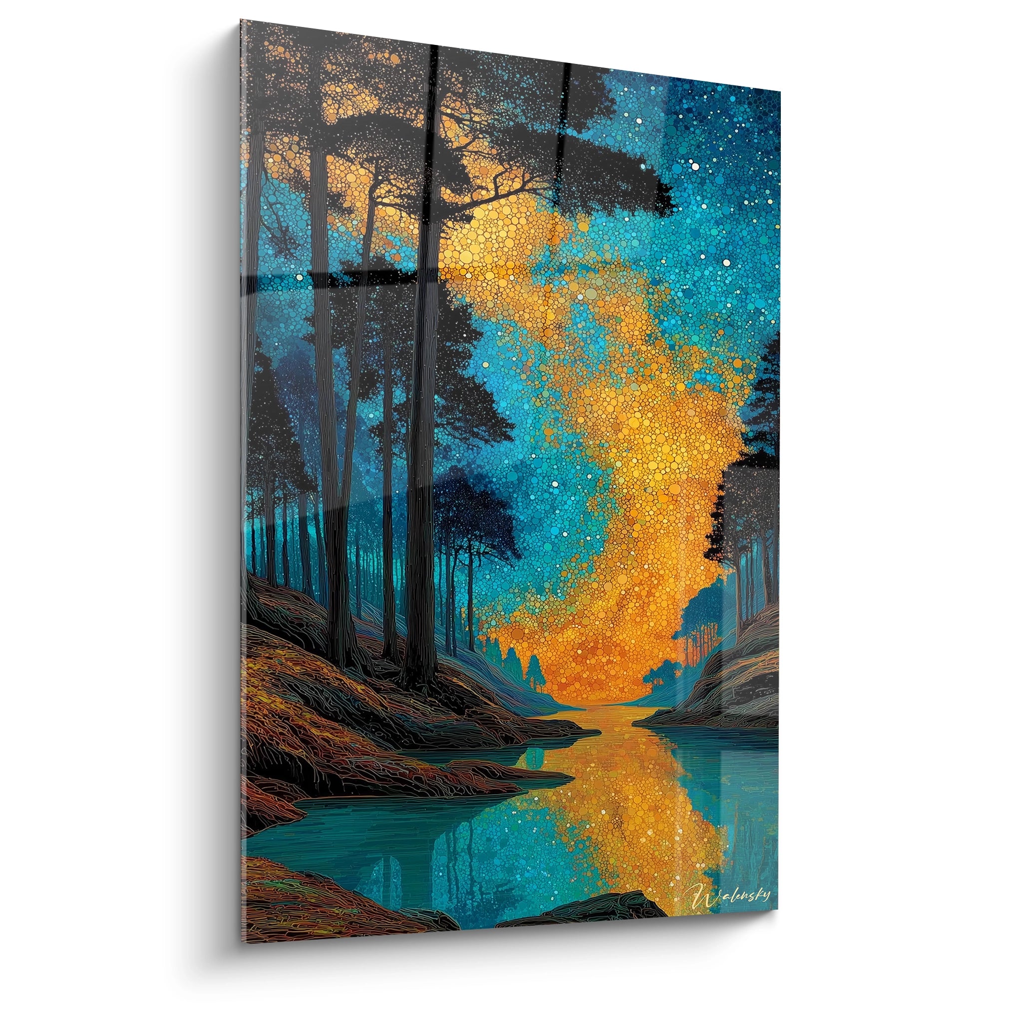 tableau forêt nuit étoilée Walensky peinture murale arbres sombres reflet doré sur rivière et ciel bleu