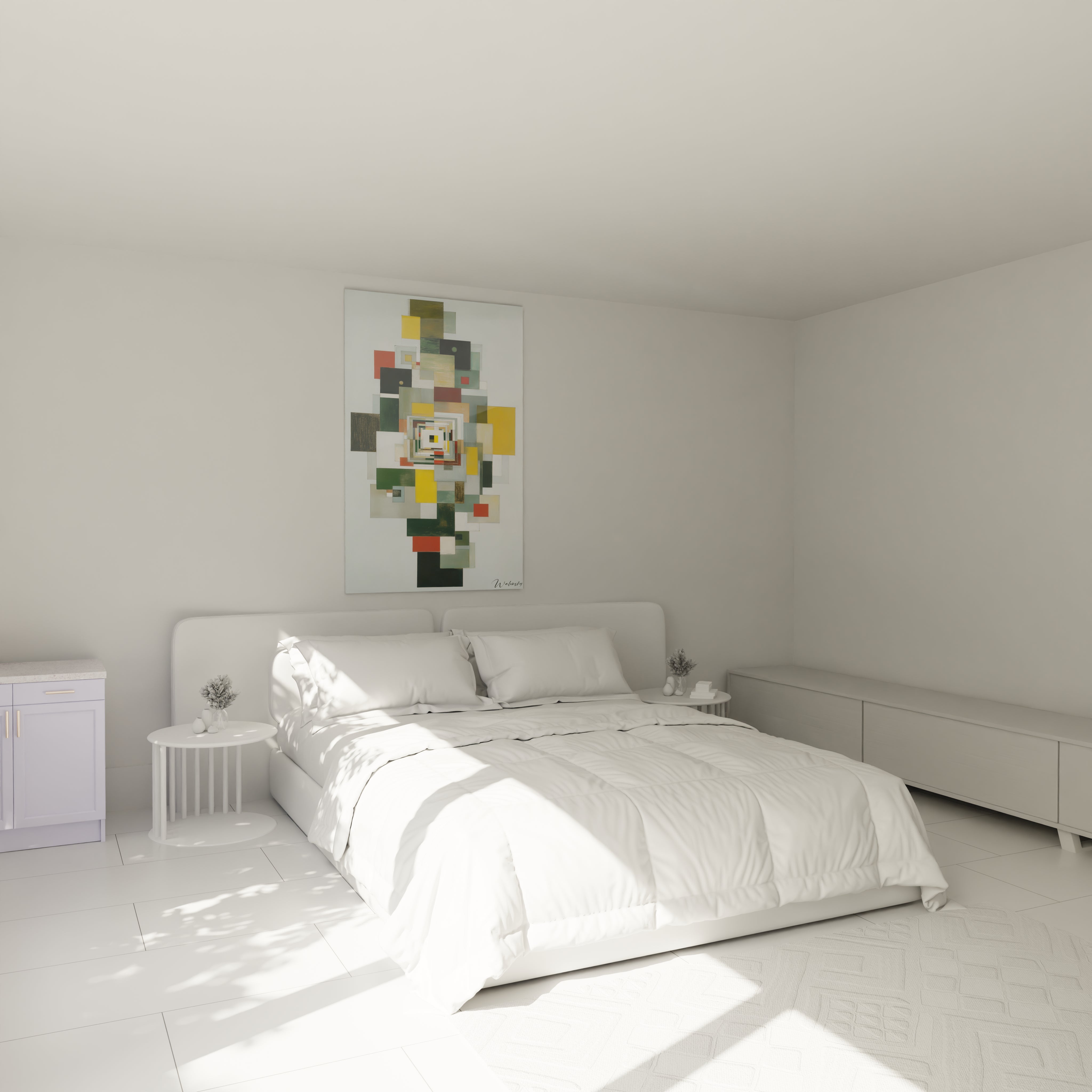 Tableau mural Walensky tableau formes géométriques abstrait multicolore accroché au dessus d un lit blanc minimaliste