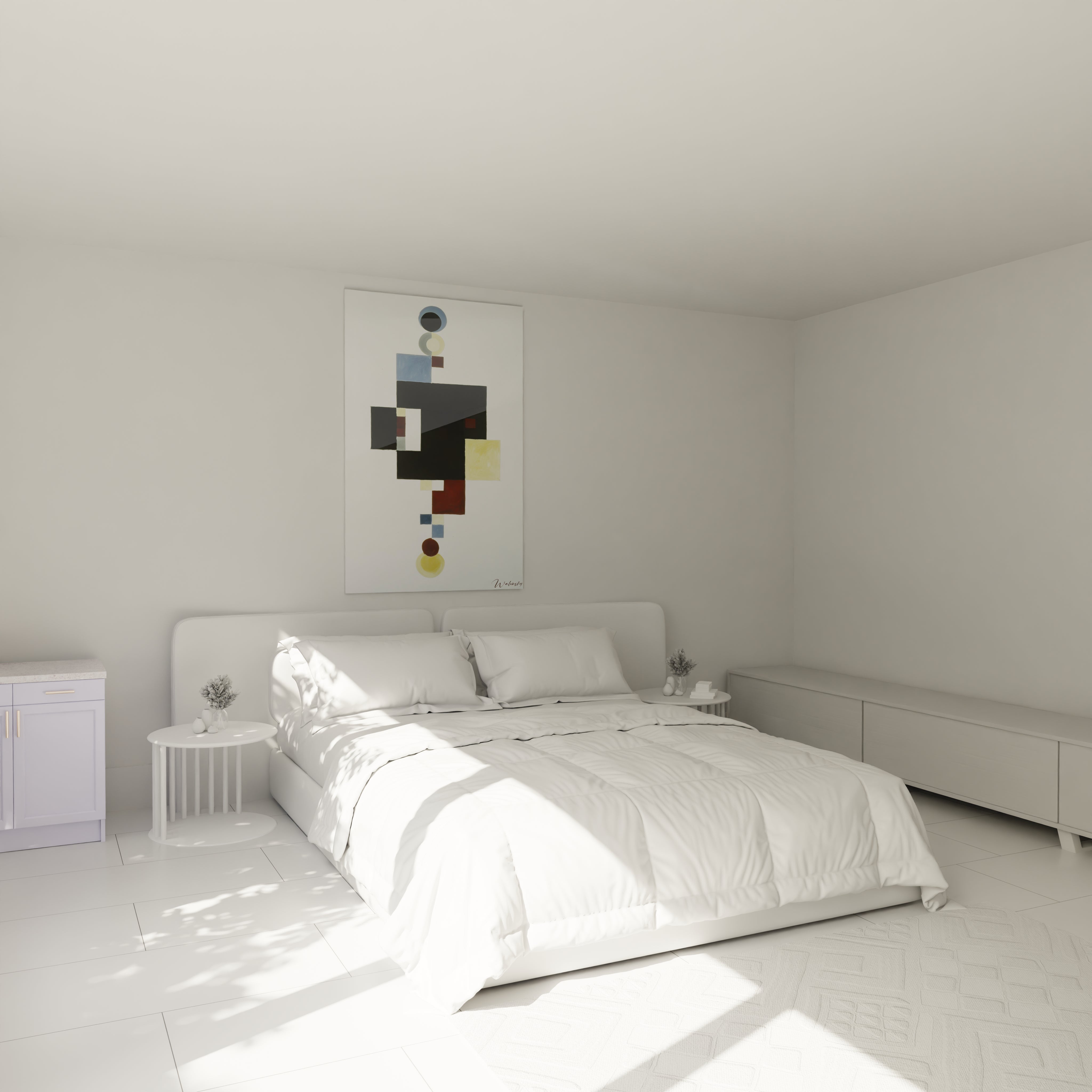 Tableau mural Walensky suspendu au dessus d un lit blanc minimaliste tableau formes géométriques constructivisme