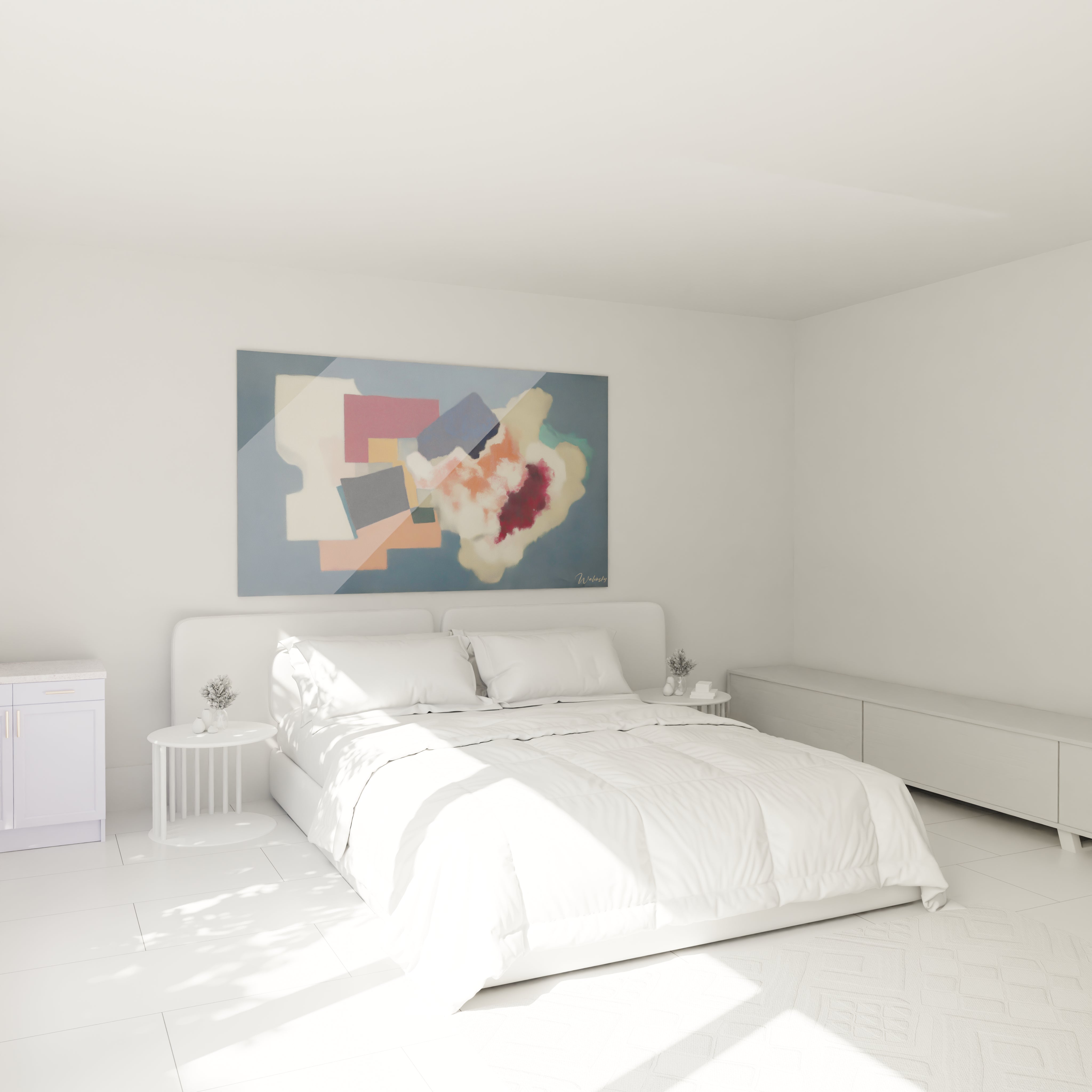 tableau formes géométriques moderne Walensky accroché au mur de la chambre minimaliste blanche au dessus du lit