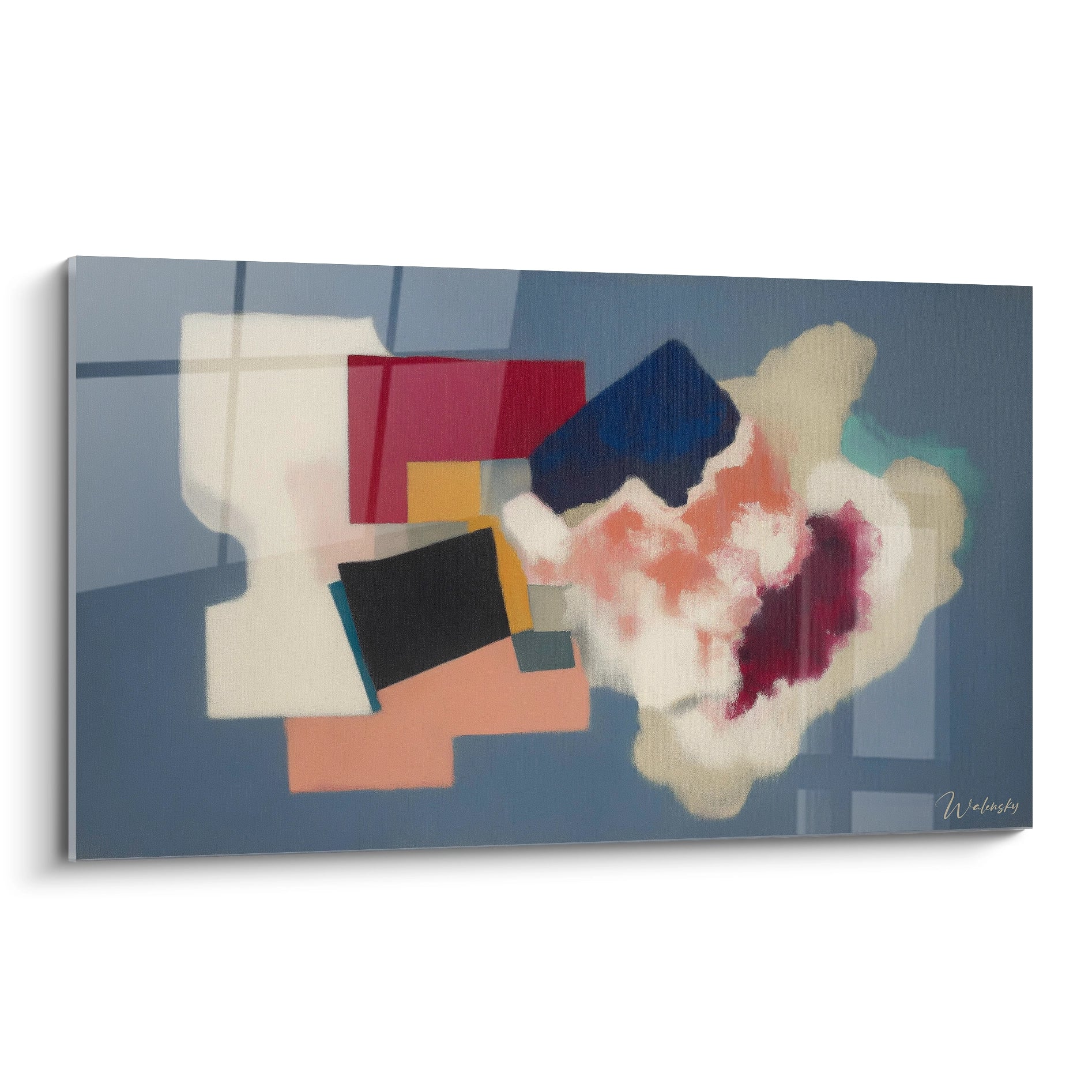 Walensky tableau formes géométriques moderne mural abstrait bleu avec rectangles colorés et nuage flou
