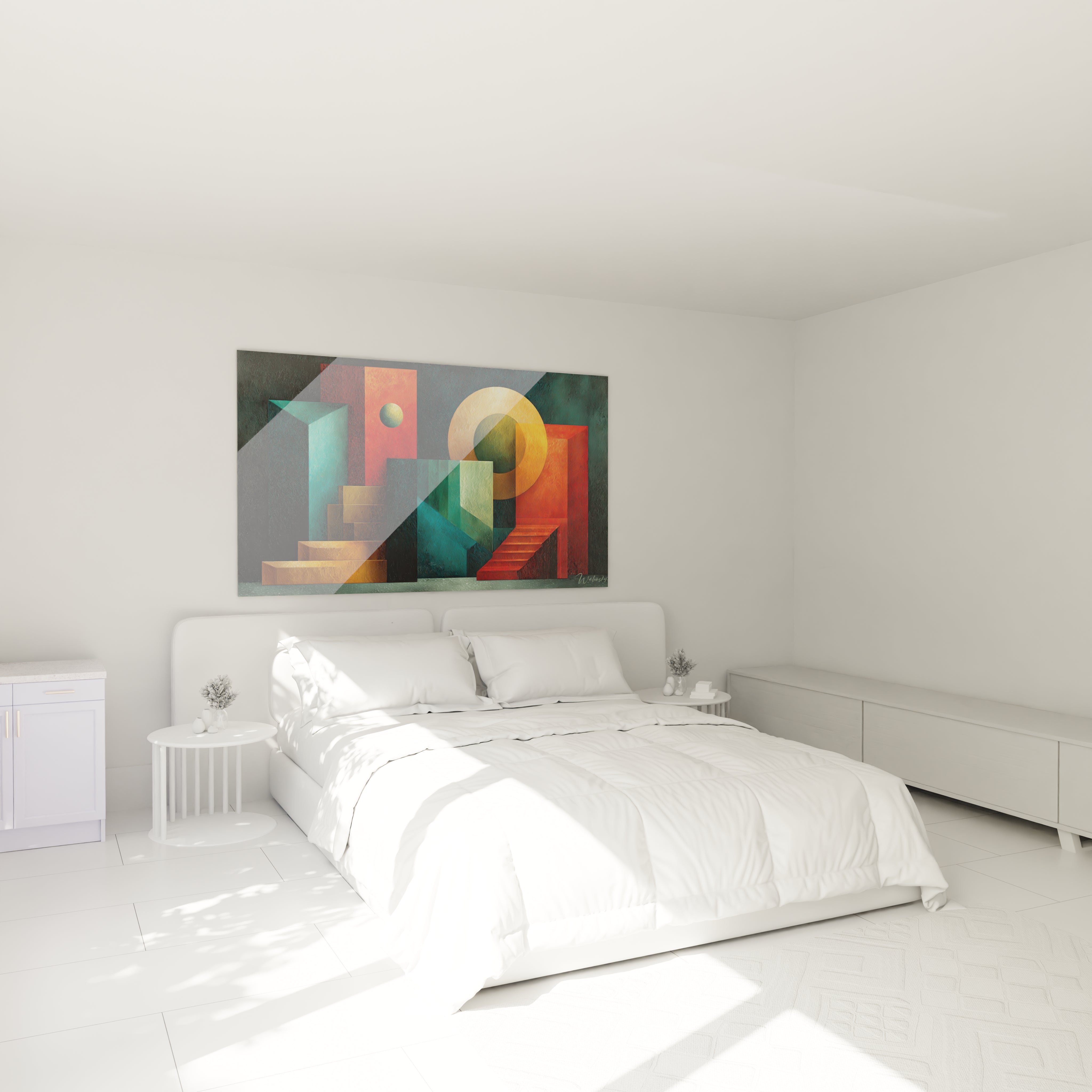 Tableau mural Walensky tableau géométrique abstraction Bauhaus coloré au dessus d un lit blanc dans une chambre lumineuse
