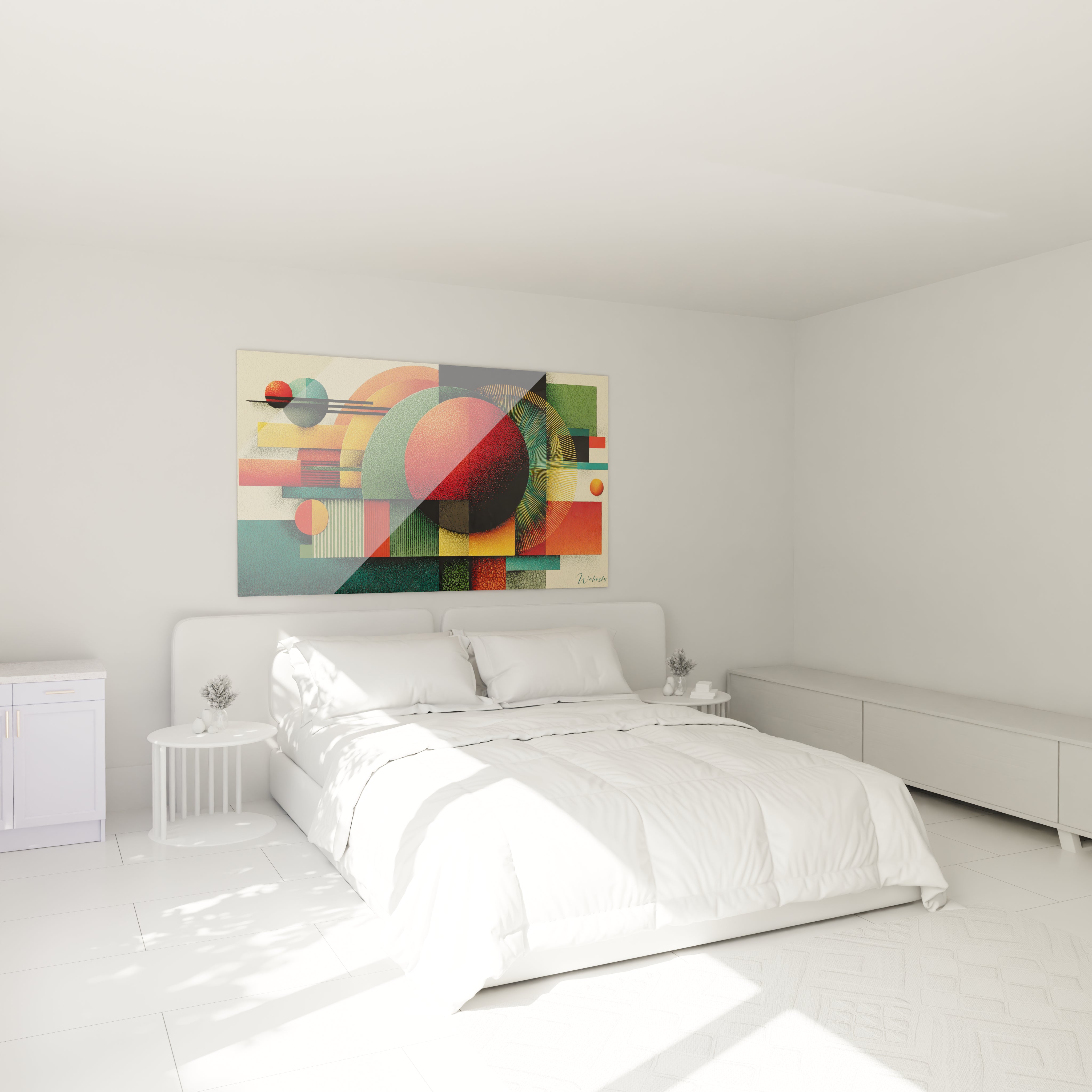 Tableau mural Walensky tableau géométrique Bauhaus coloré au dessus d un lit moderne blanc avec formes circulaires et rectangles