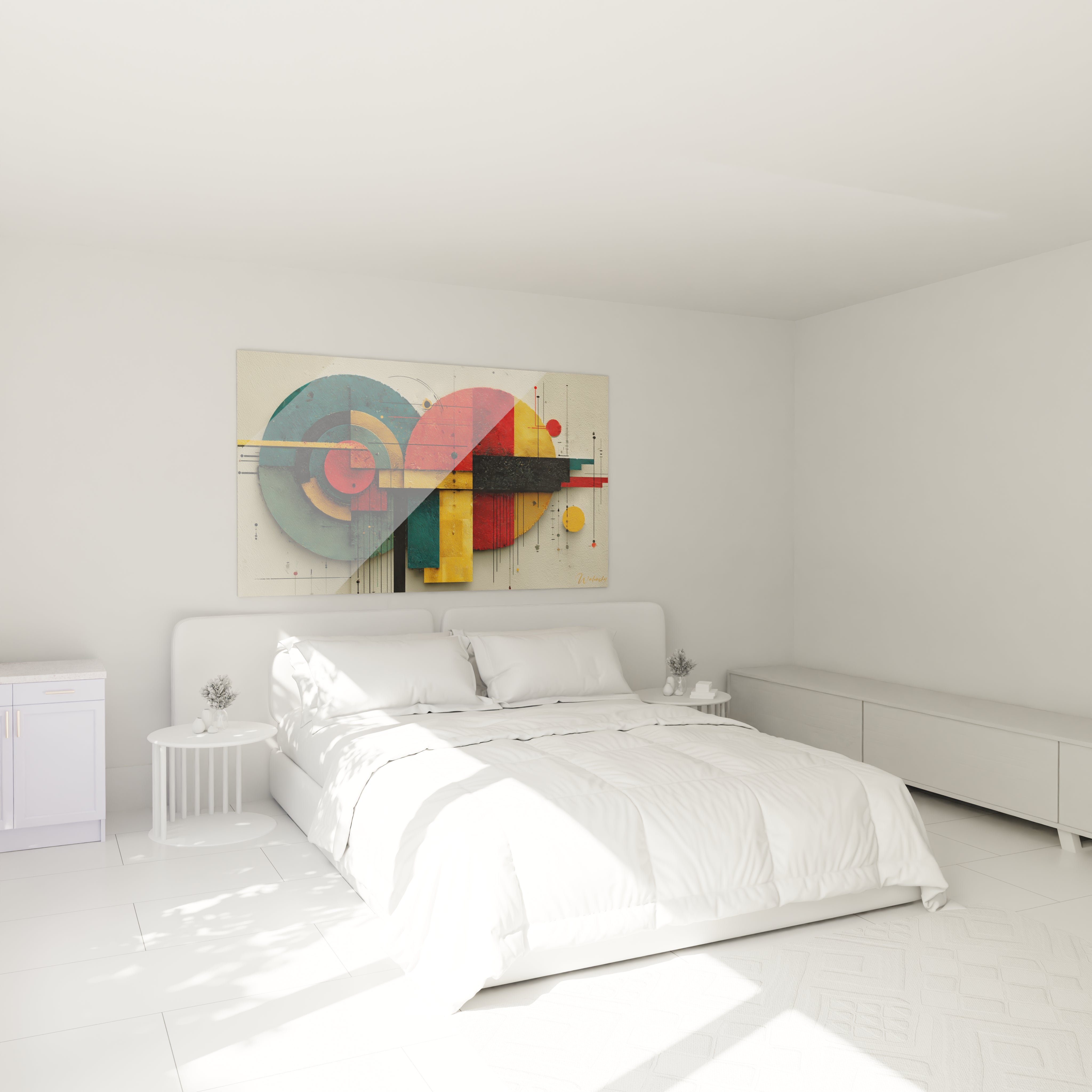 tableau géométrique bauhaus Walensky au dessus d un lit double blanc dans une chambre minimaliste lumineuse