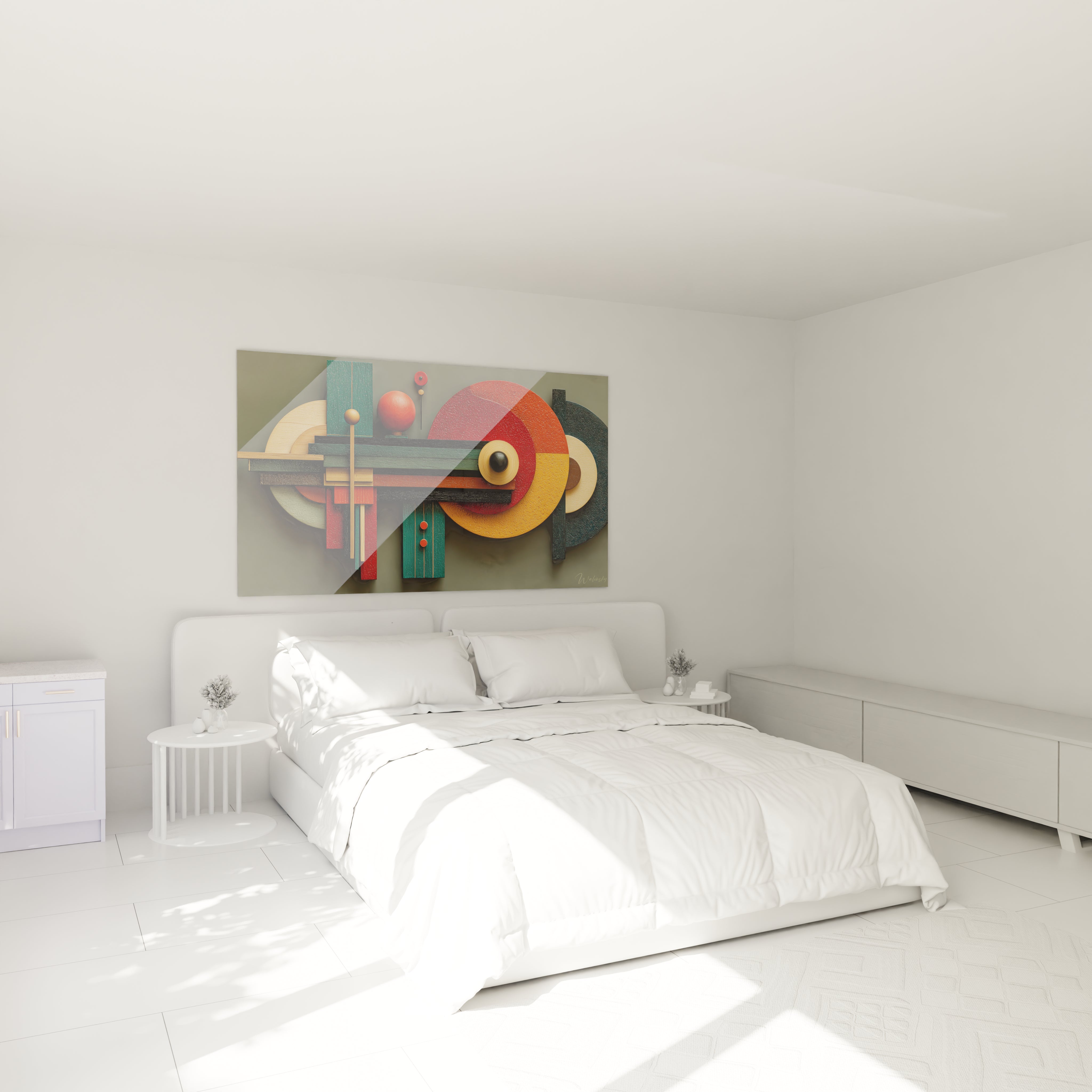 Walensky tableau géométrique Bauhaus coloré accroché au dessus du lit dans une chambre blanche minimaliste