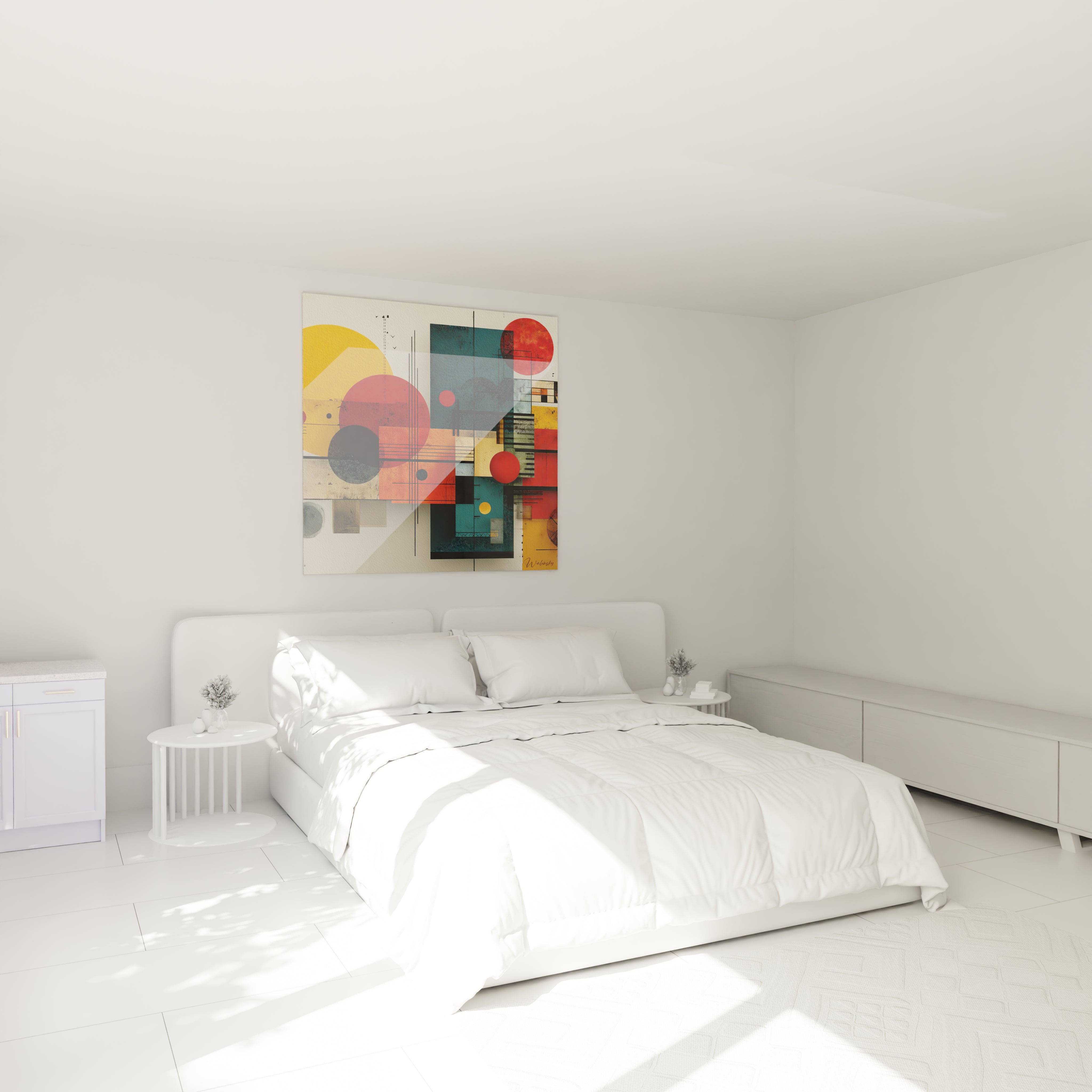Tableau mural Walensky tableau géométrique Bauhaus coloré accroché au dessus d un lit blanc minimaliste