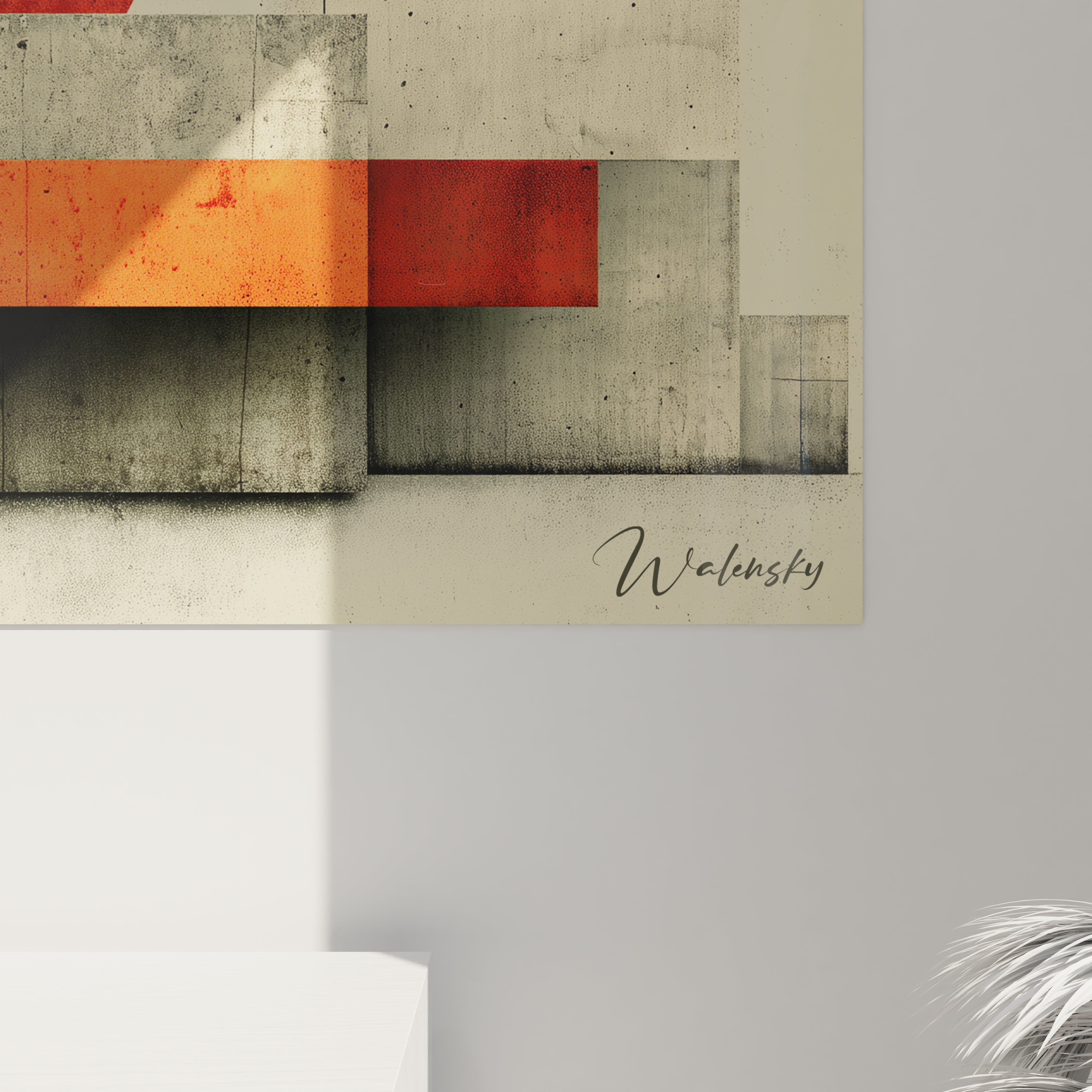Walensky tableau géométrique bauhaus mural minimaliste avec blocs rouges et textures béton