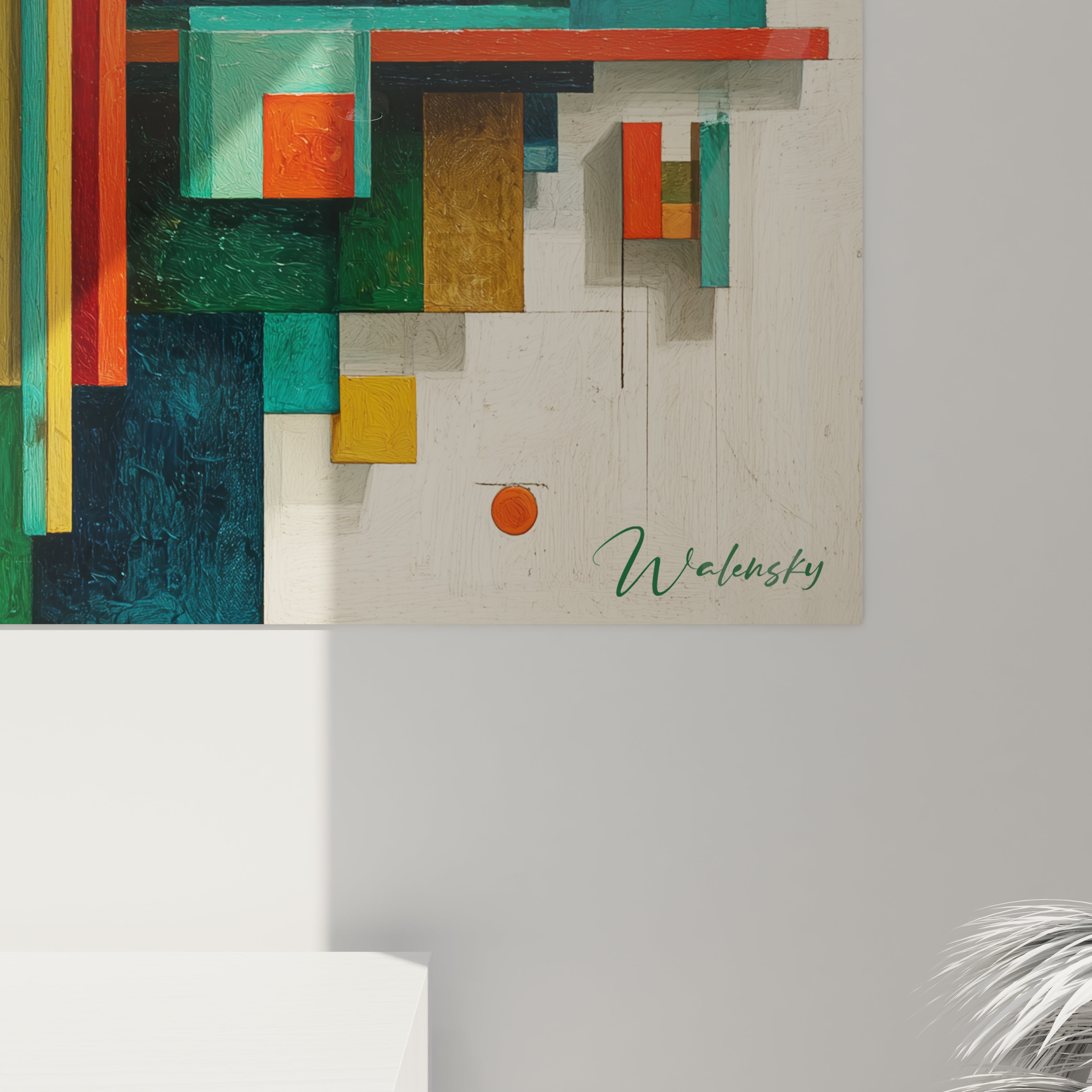 tableau géométrique Bauhaus mural Walensky en bois peint avec blocs 3D colorés vert bleu orange pour déco salon