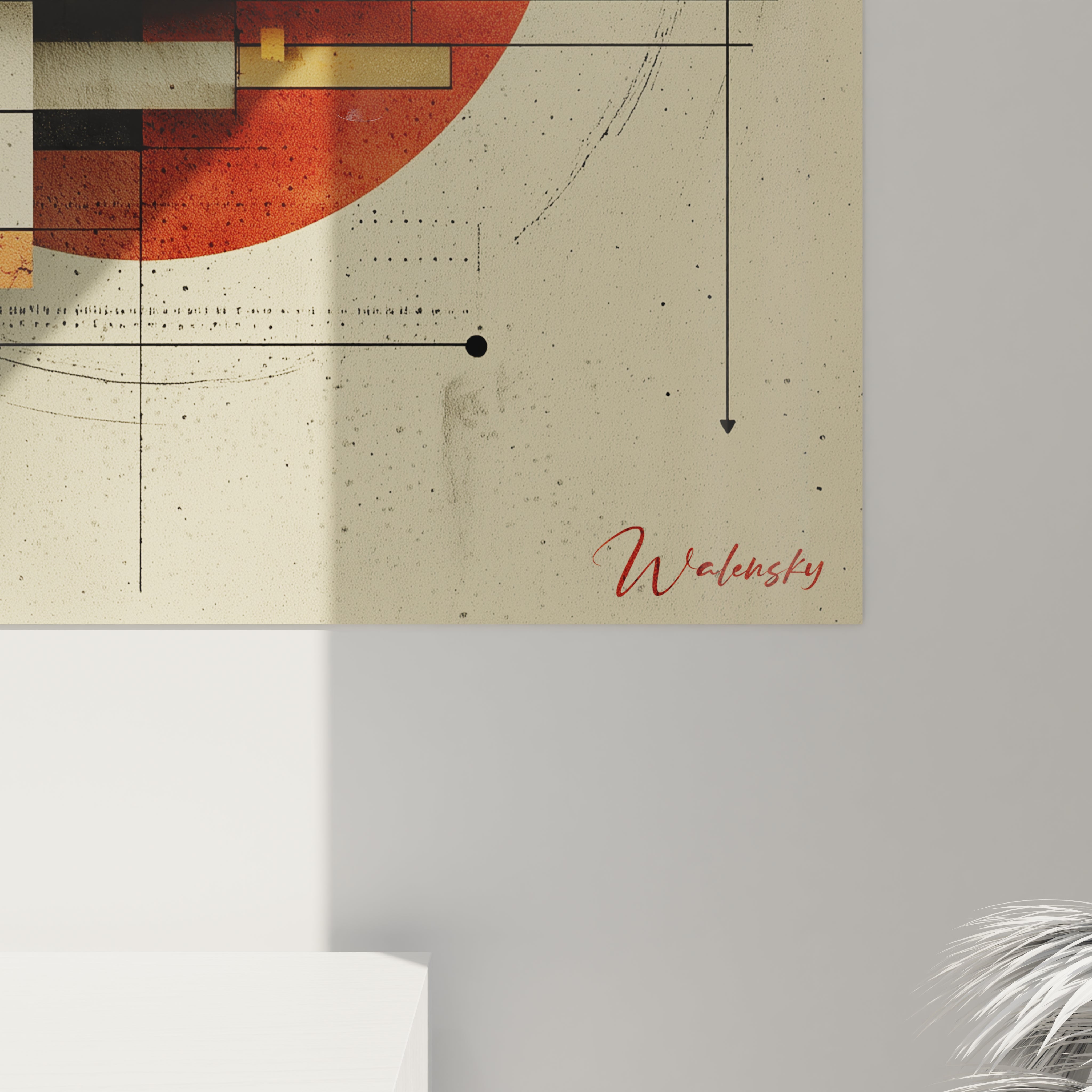 Tableau mural abstrait signé Walensky avec cercle rouge grilles et texture papier tableau géométrique Bauhaus