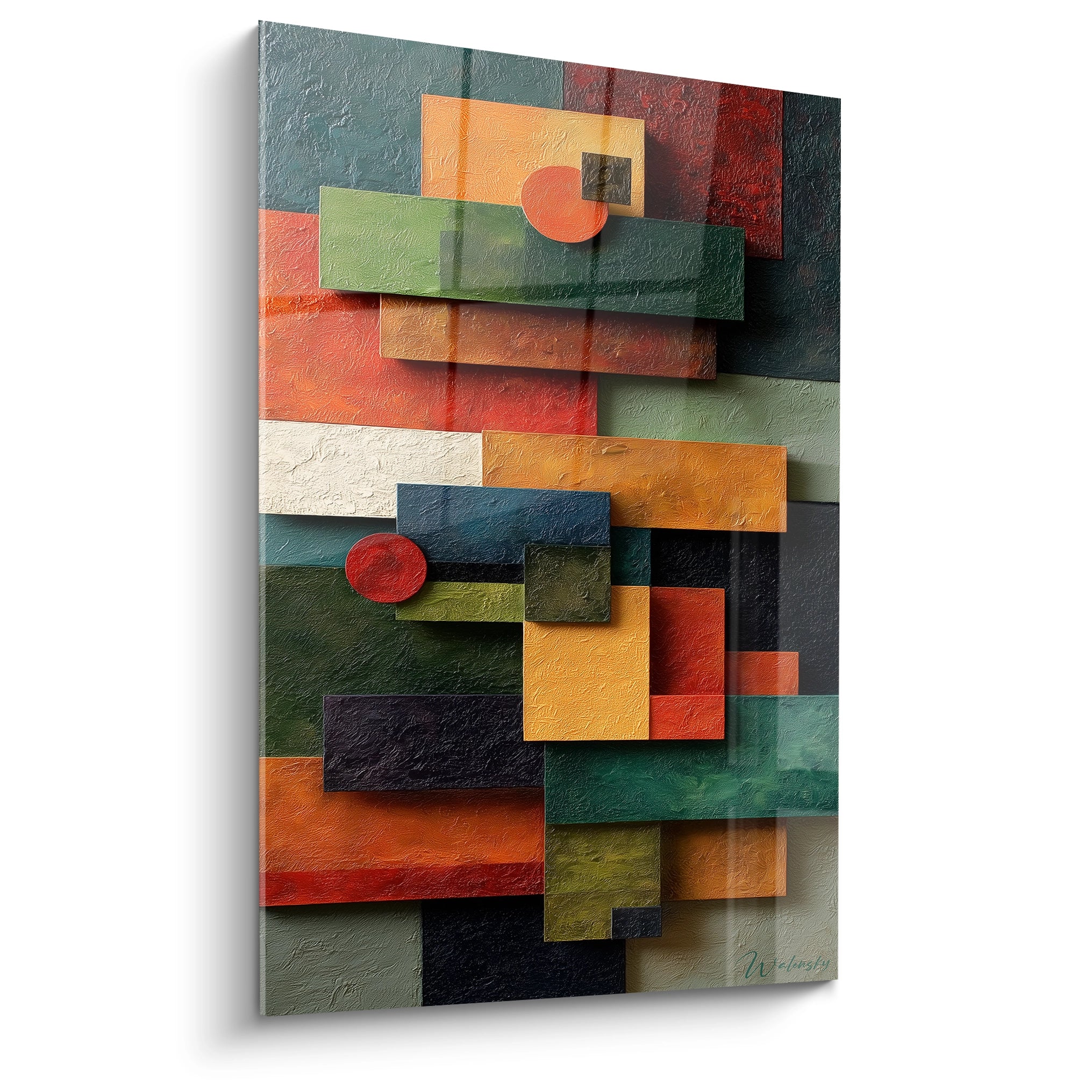 tableau géométrique Bauhaus Walensky toile murale texturée avec rectangles colorés superposés