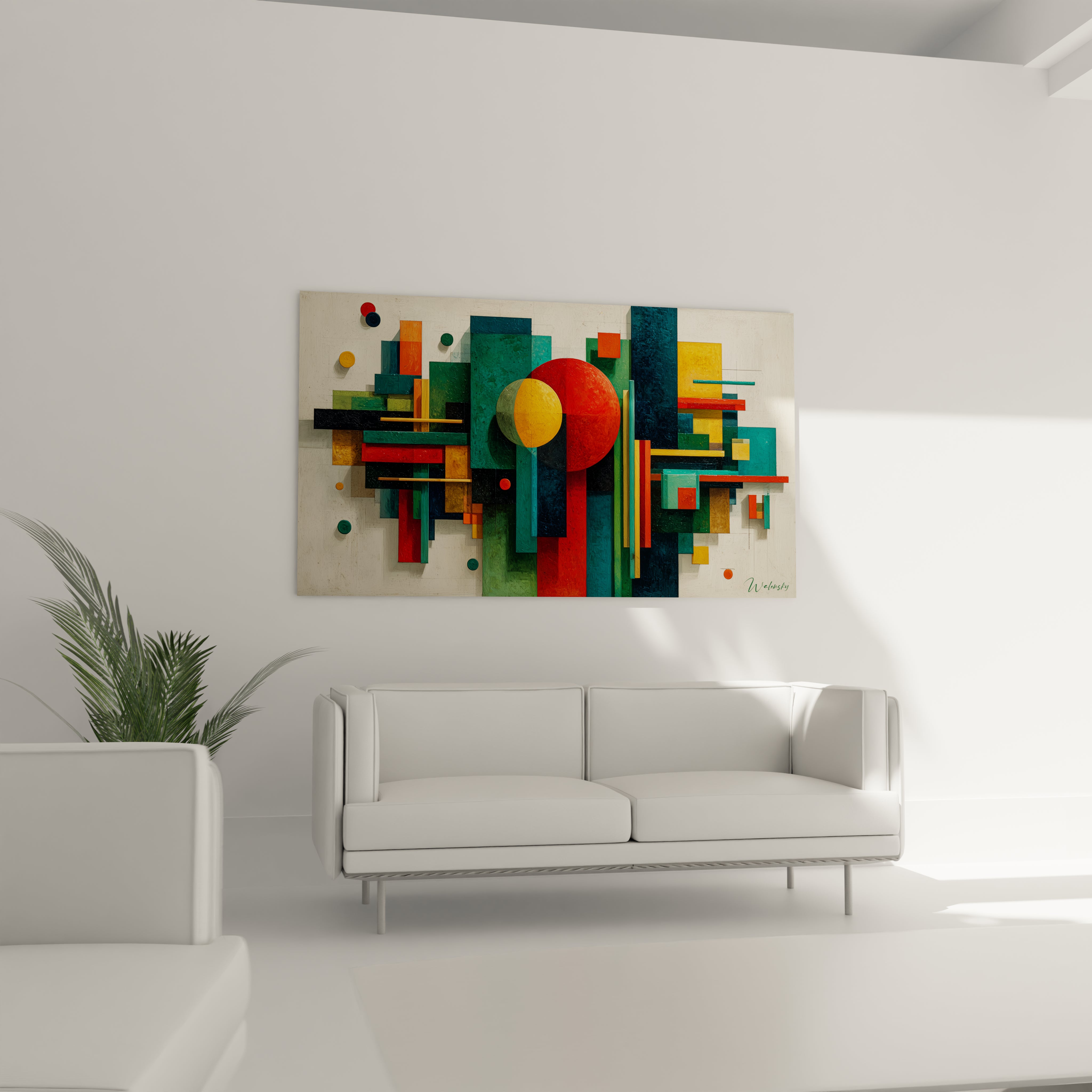 tableau géométrique Bauhaus Walensky coloré abstrait sur toile formes circulaires et rectangles au dessus du canapé blanc moderne