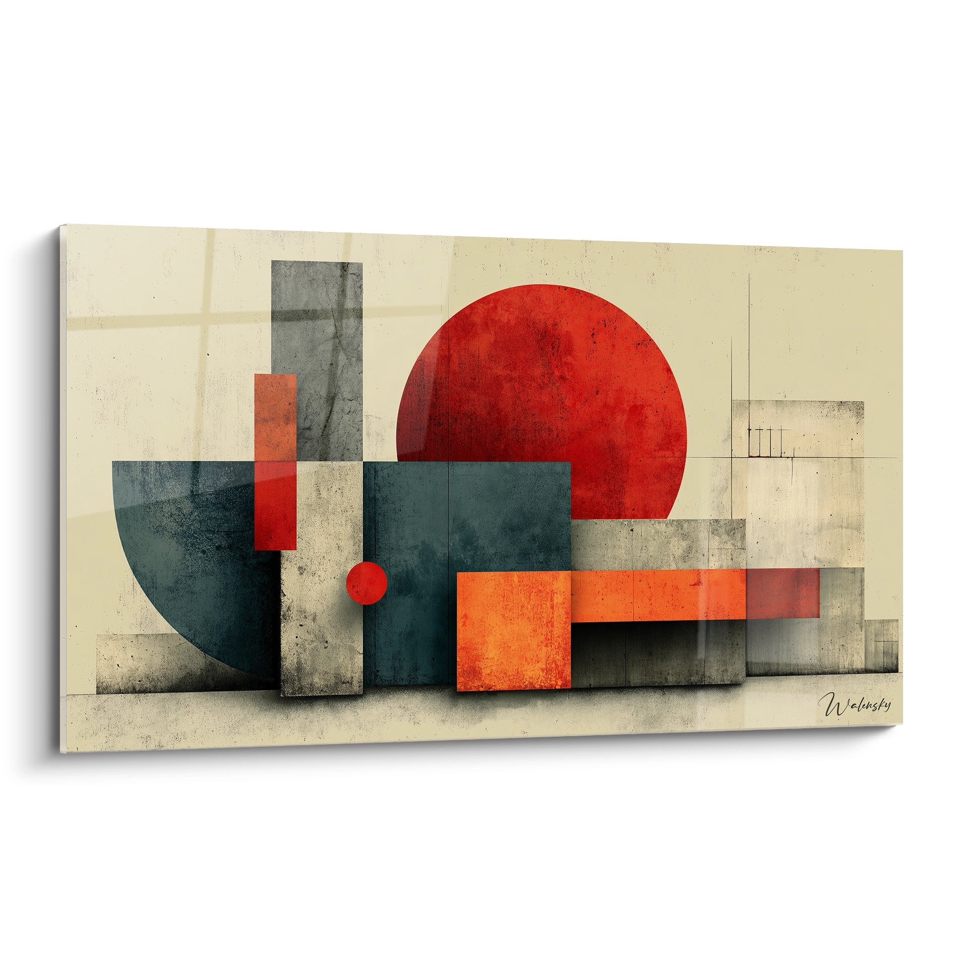 Walensky tableau géométrique bauhaus mural abstrait avec cercle rouge blocs rectangulaires texturés et fond beige