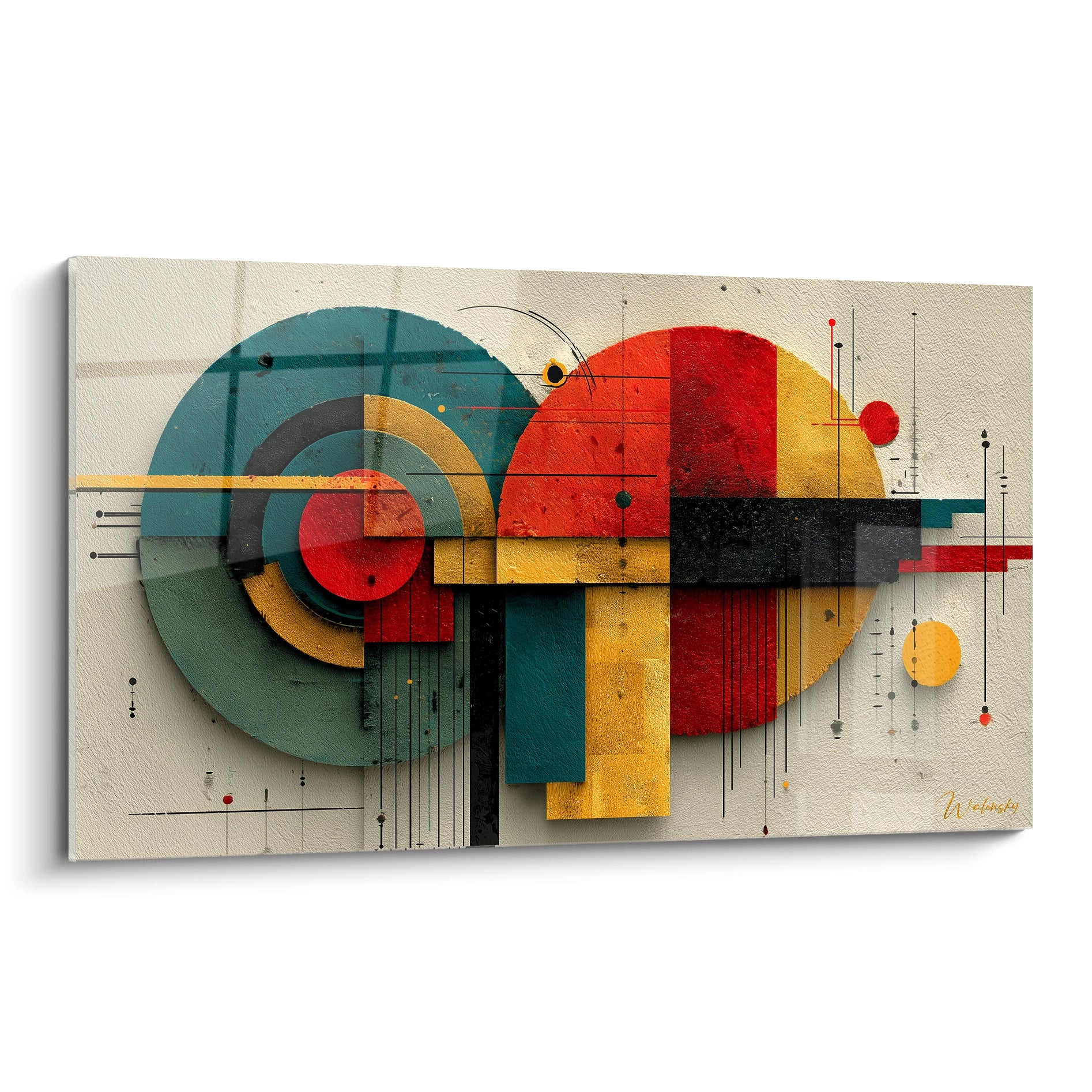 Walensky tableau géométrique bauhaus mural abstrait en rouge jaune vert et noir sur toile texturée, décor moderne pour salon