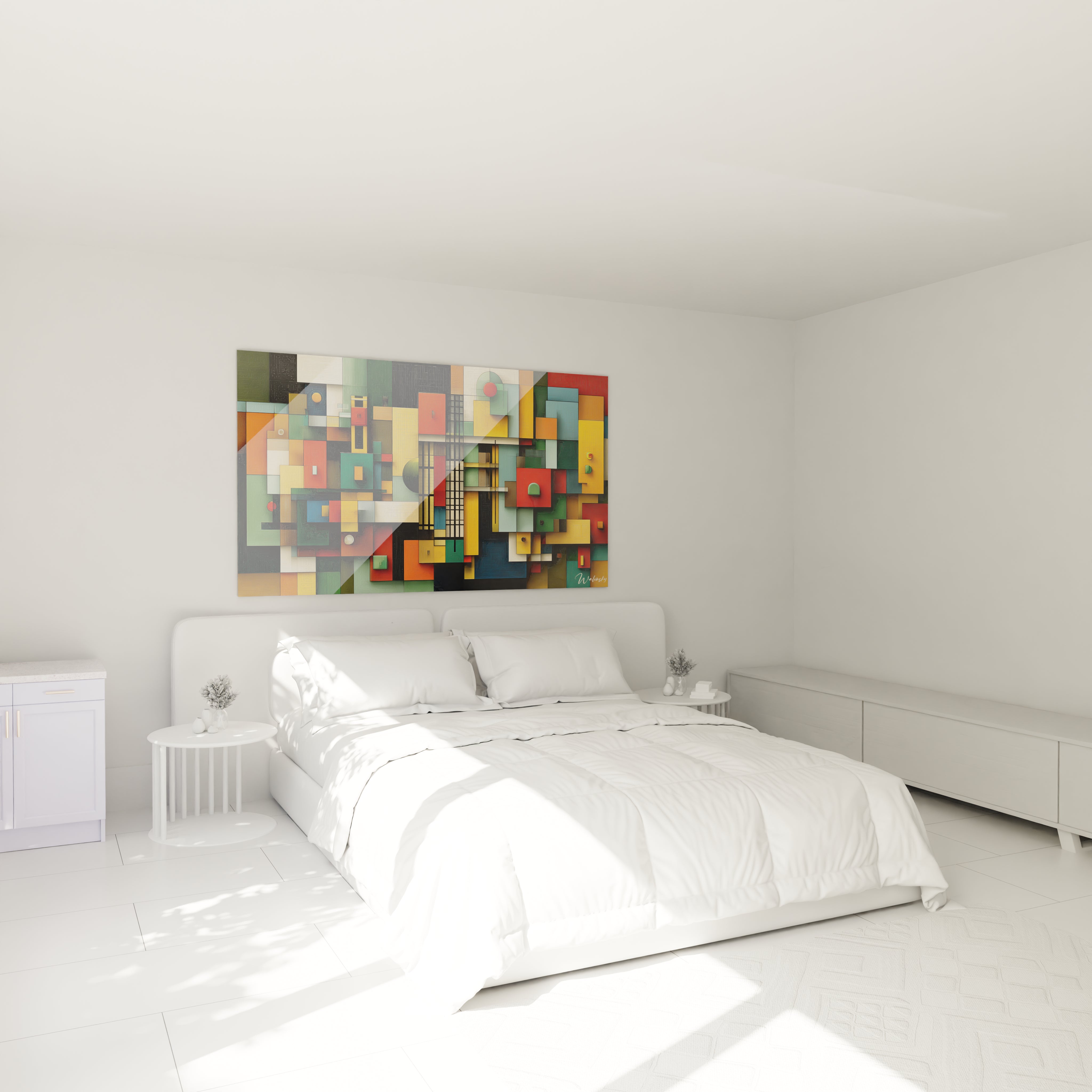 Tableau mural Walensky tableau géométrique Bauhaus coloré accroché au dessus d un grand lit blanc dans une chambre moderne