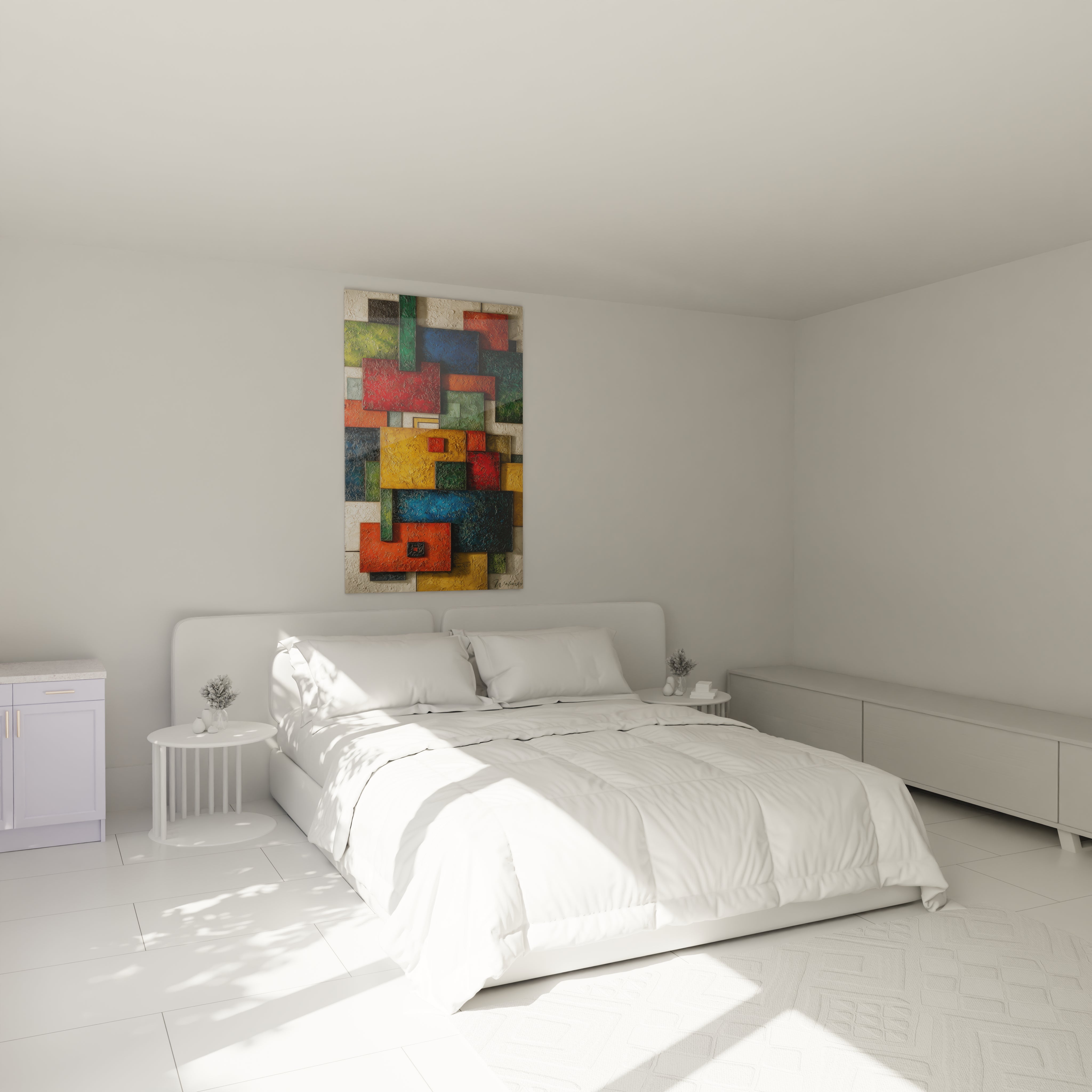 tableau géométrique Bauhaus Walensky au dessus du lit blanc minimaliste dans une chambre lumineuse