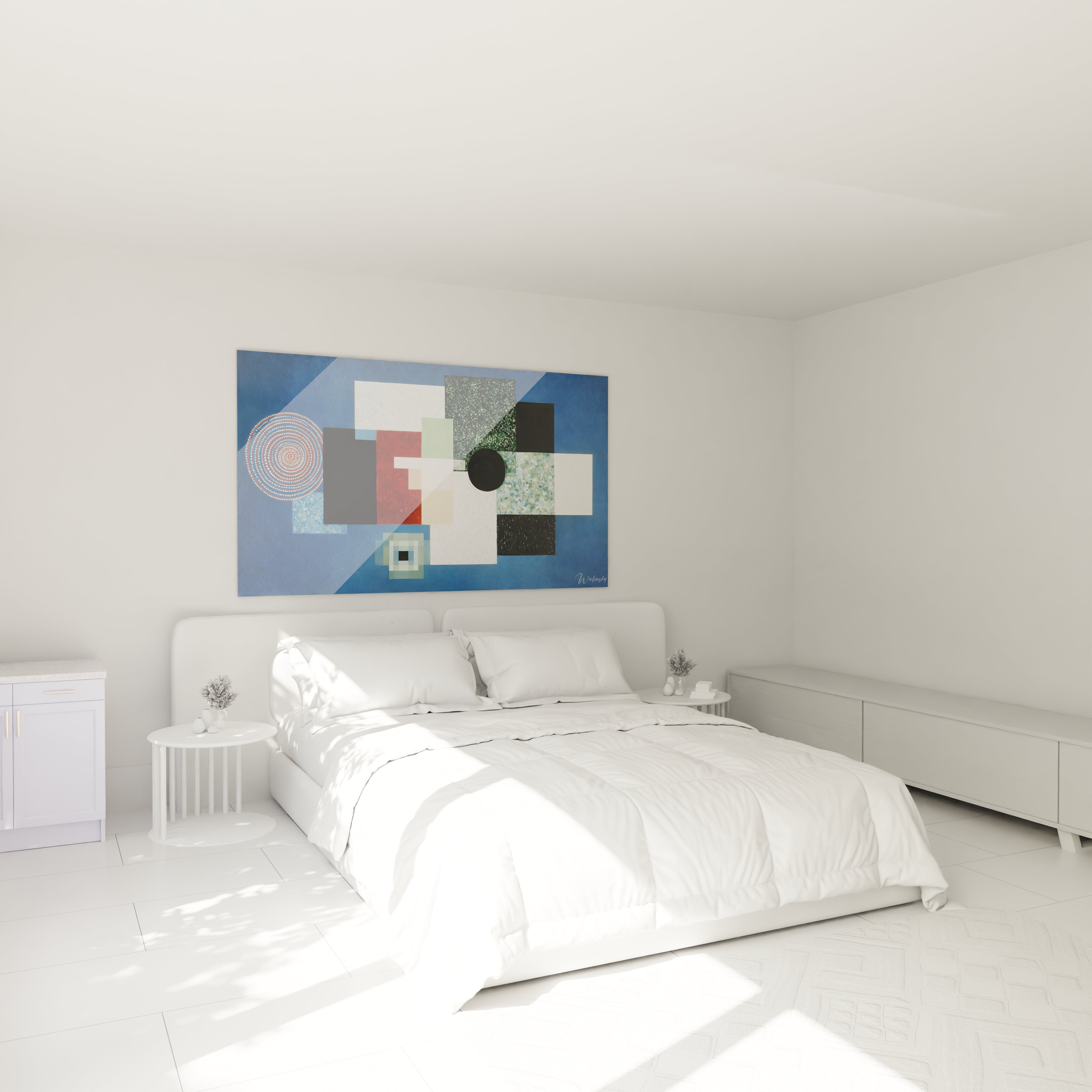 Tableau mural Walensky abstrait accroché au dessus d un lit blanc dans une chambre minimaliste tableau géométrique constructivisme