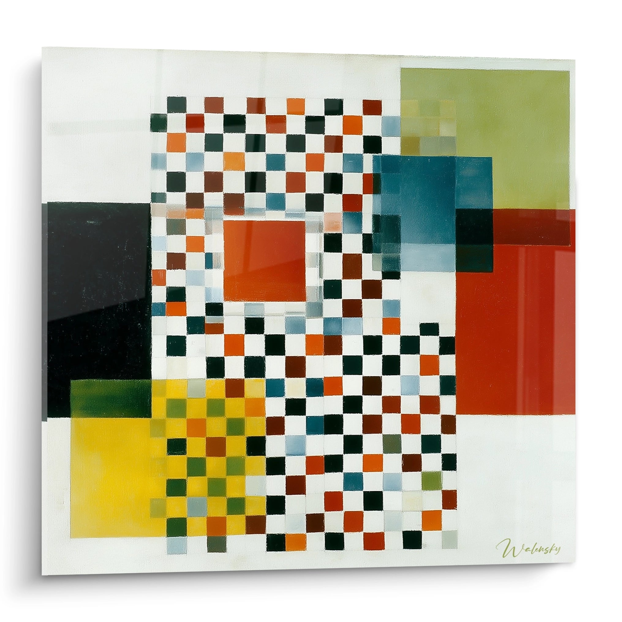Tableau mural Walensky tableau géométrique constructivisme aux carreaux colorés rouge jaune vert bleu et blanc