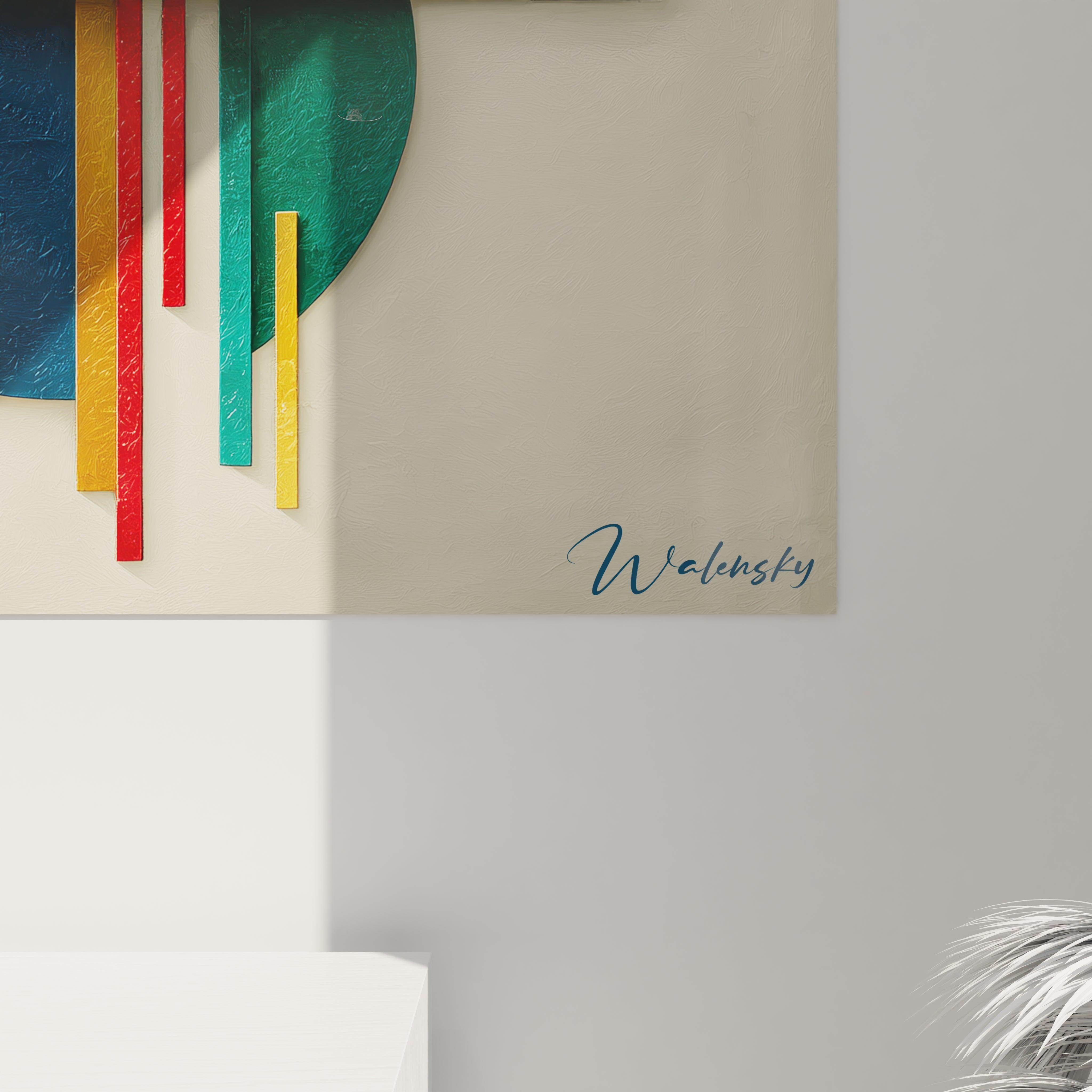 Tableau mural Walensky montrant cercle vert et bandes verticales rouges jaunes et turquoises tableau géométrique moderne signé