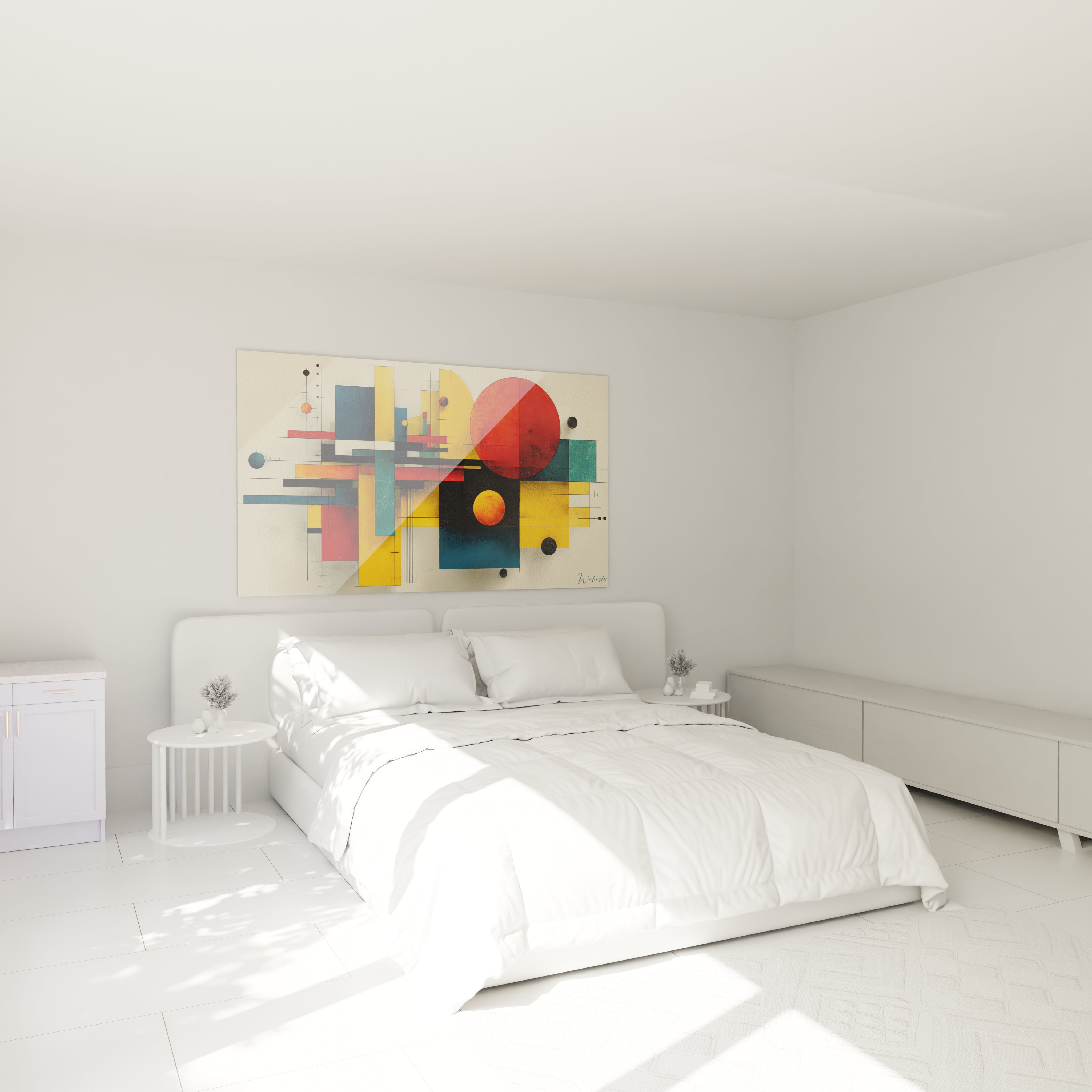 Chambre minimaliste blanche avec lit king size et tableau géométrique rouge Bauhaus coloré de Walensky