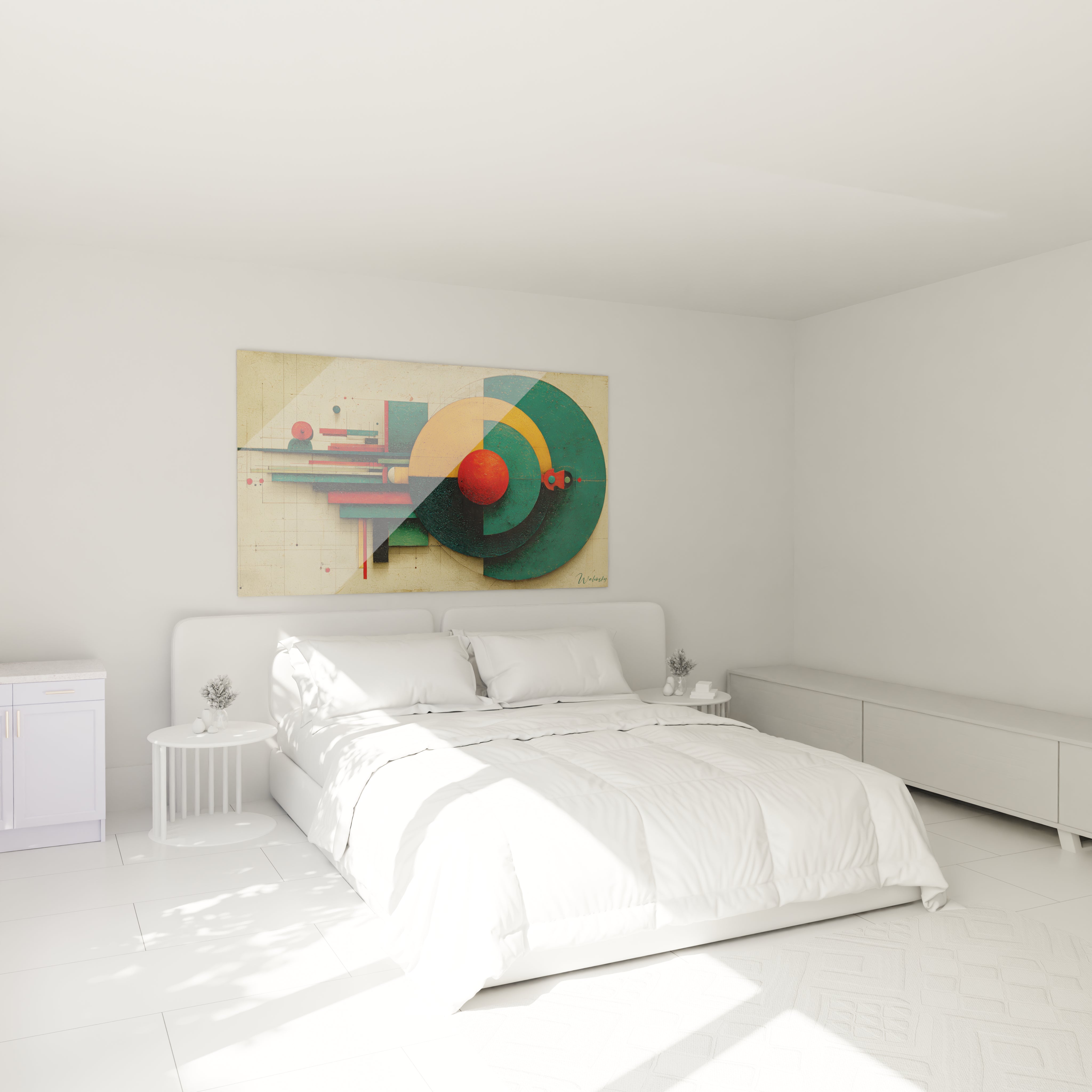 Tableau mural Walensky au dessus du lit blanc minimaliste, motifs circulaires verts et rouges, tableau géométrique style Bauhaus