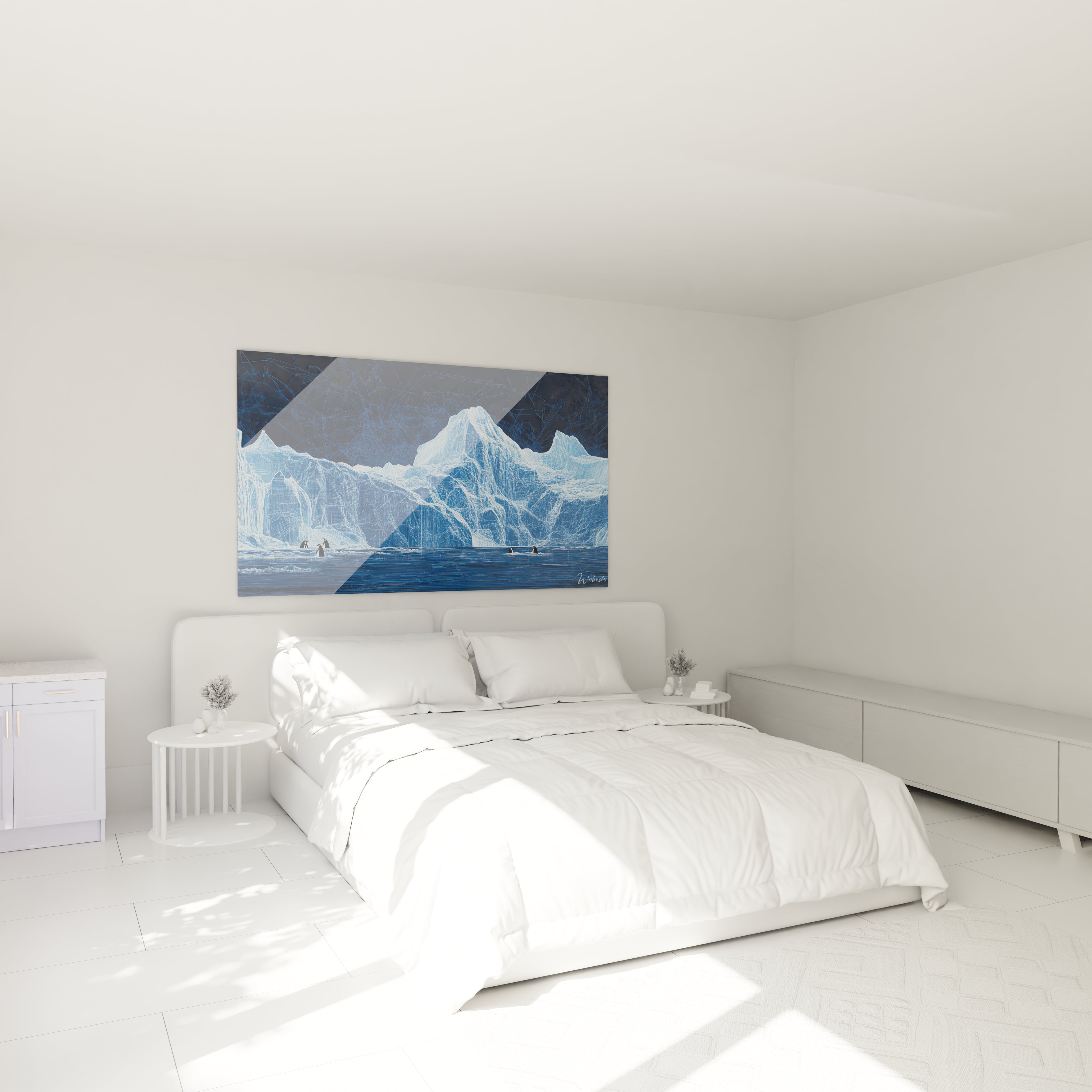 Tableau manchot Walensky représentant un manchot sur un glacier dans une chambre moderne lumineuse