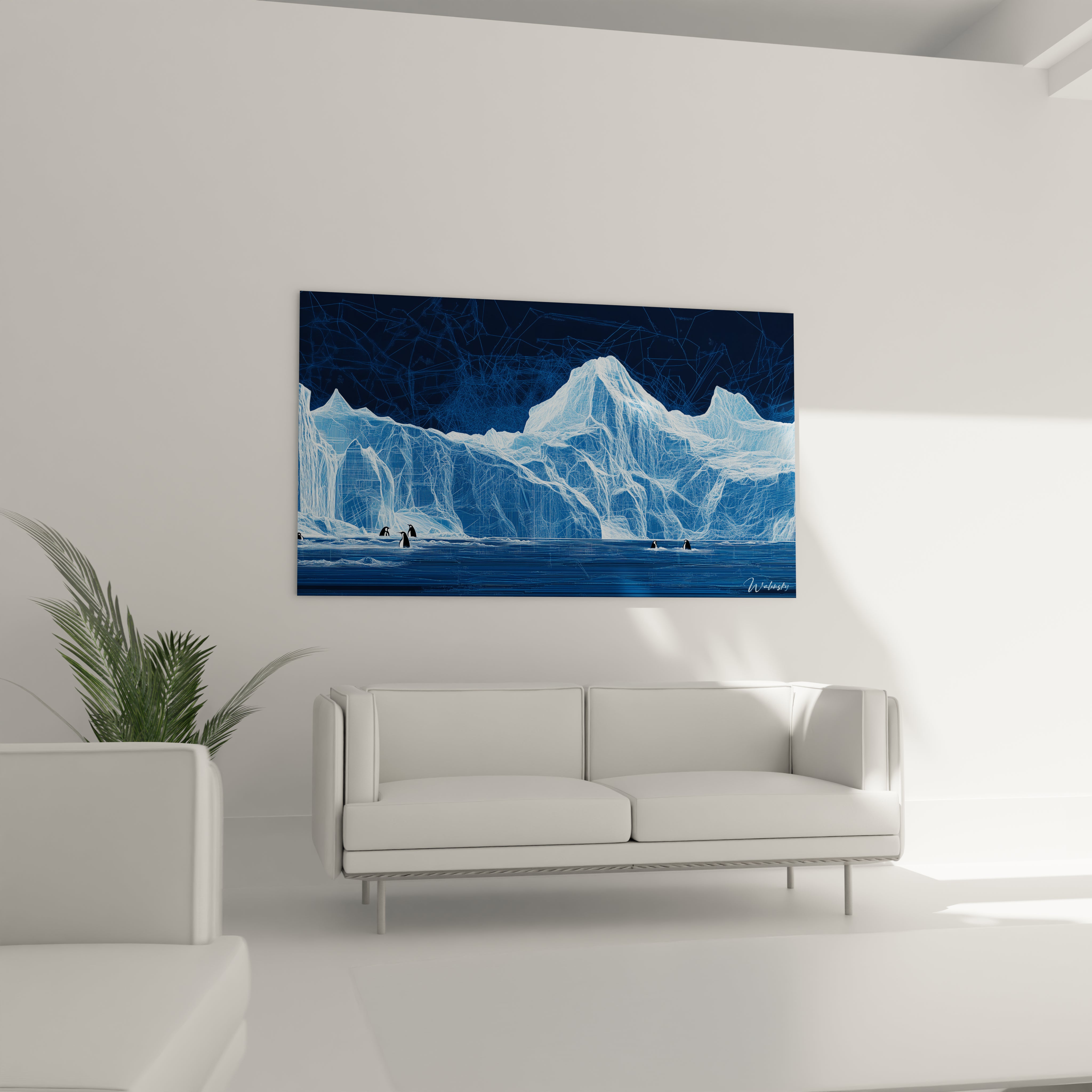 Tableau manchot Walensky représentant un paysage glacial avec montagnes de glace sur un mur blanc moderne