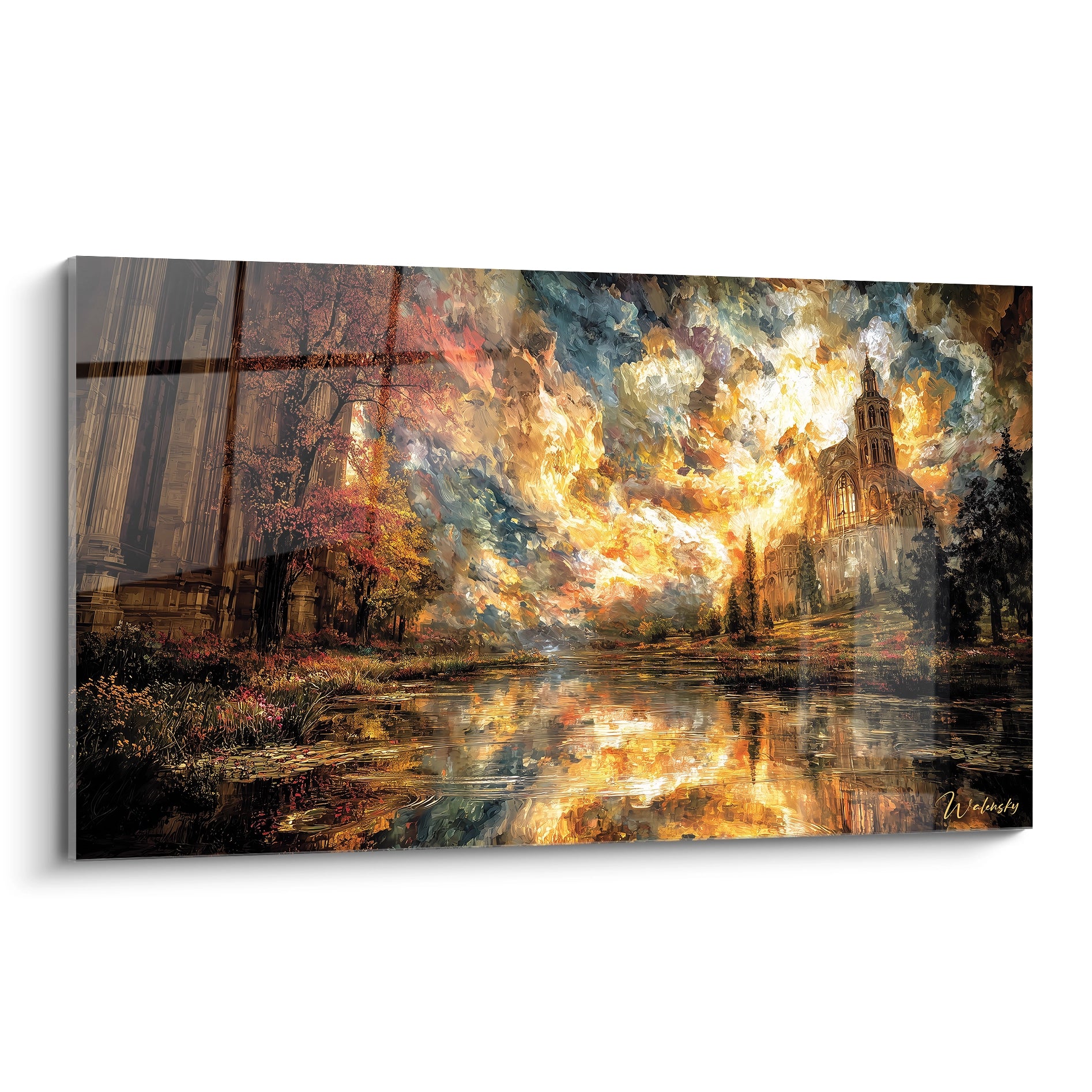 tableau gothique cathédrale Walensky peinture murale paysage reflet d eau ciel dramatique aux teintes dorées