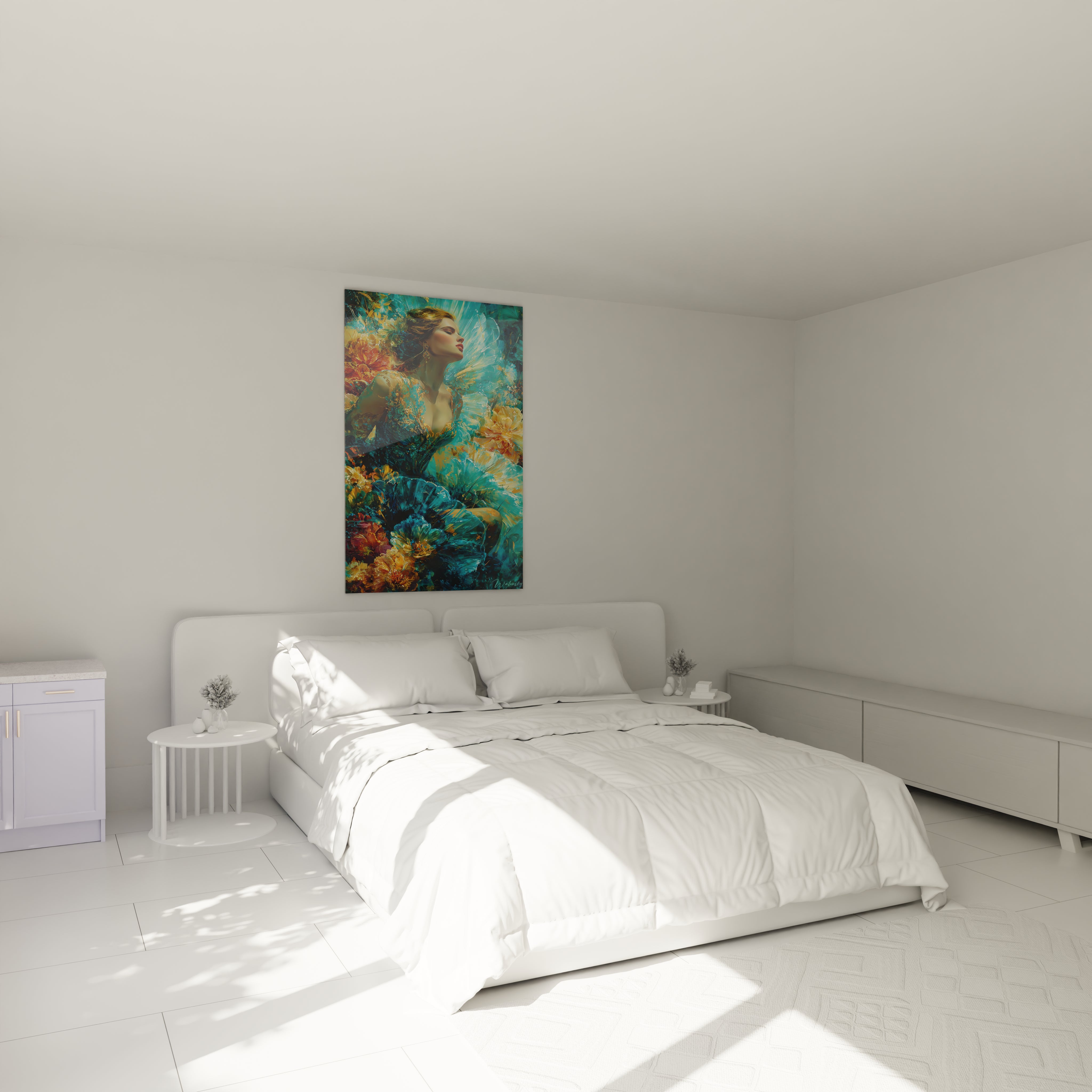 tableau gothique femme Walensky accroche au mur d une chambre blanche minimaliste au dessus d un lit double