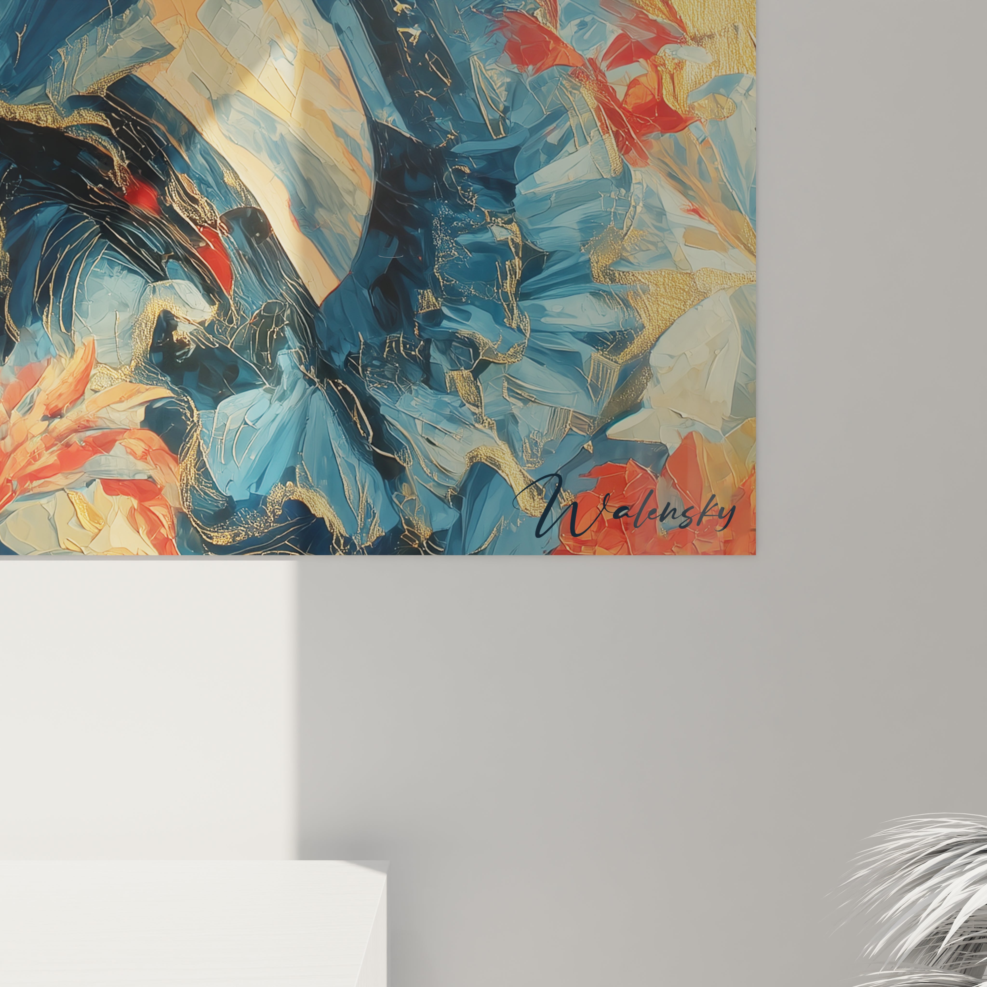 Tableau mural Walensky vue detaillee motif abstrait bleu et orange avec signature tableau gothique femme pour deco moderne