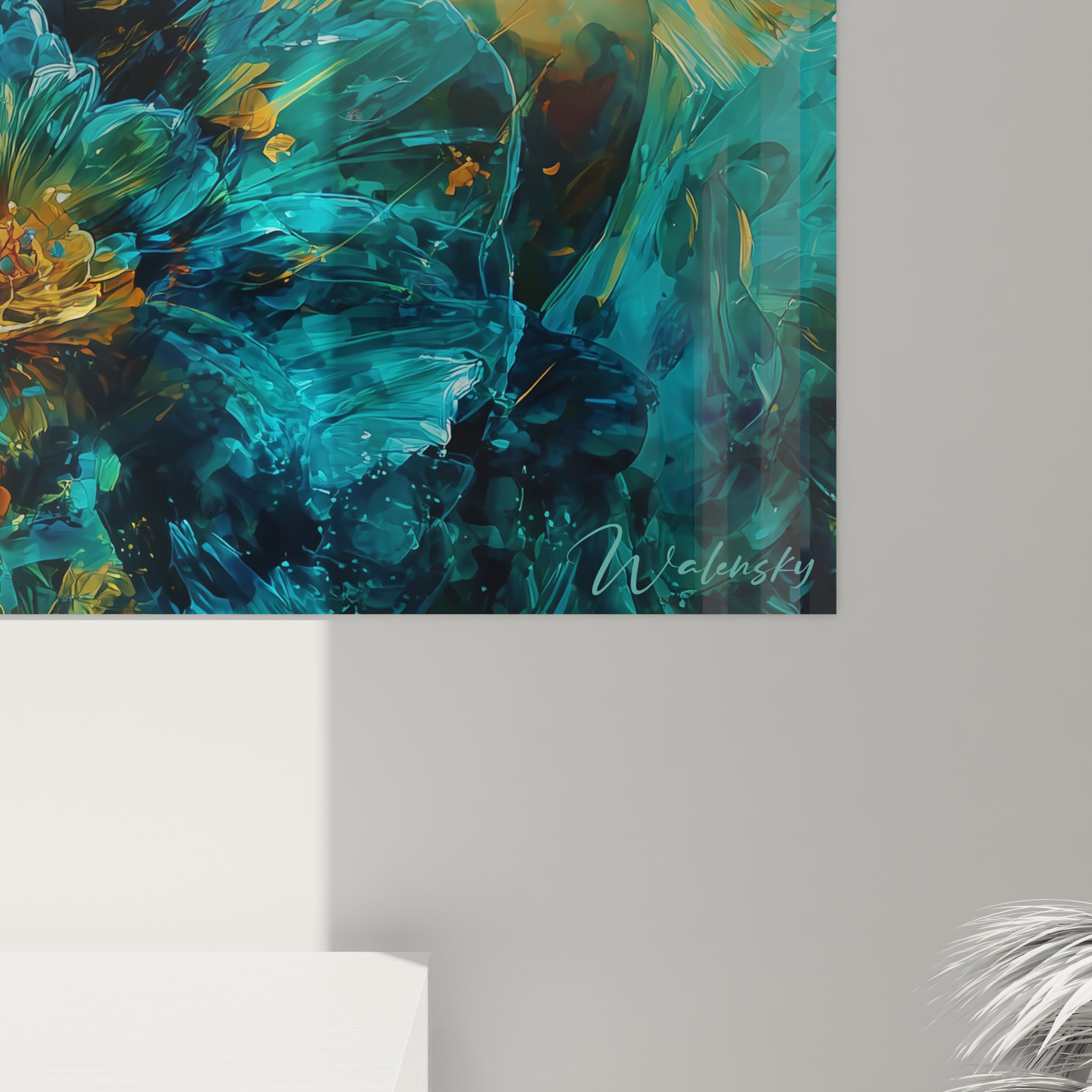 tableau gothique femme Walensky tableau mural abstrait bleu vert floral signe accroche au mur