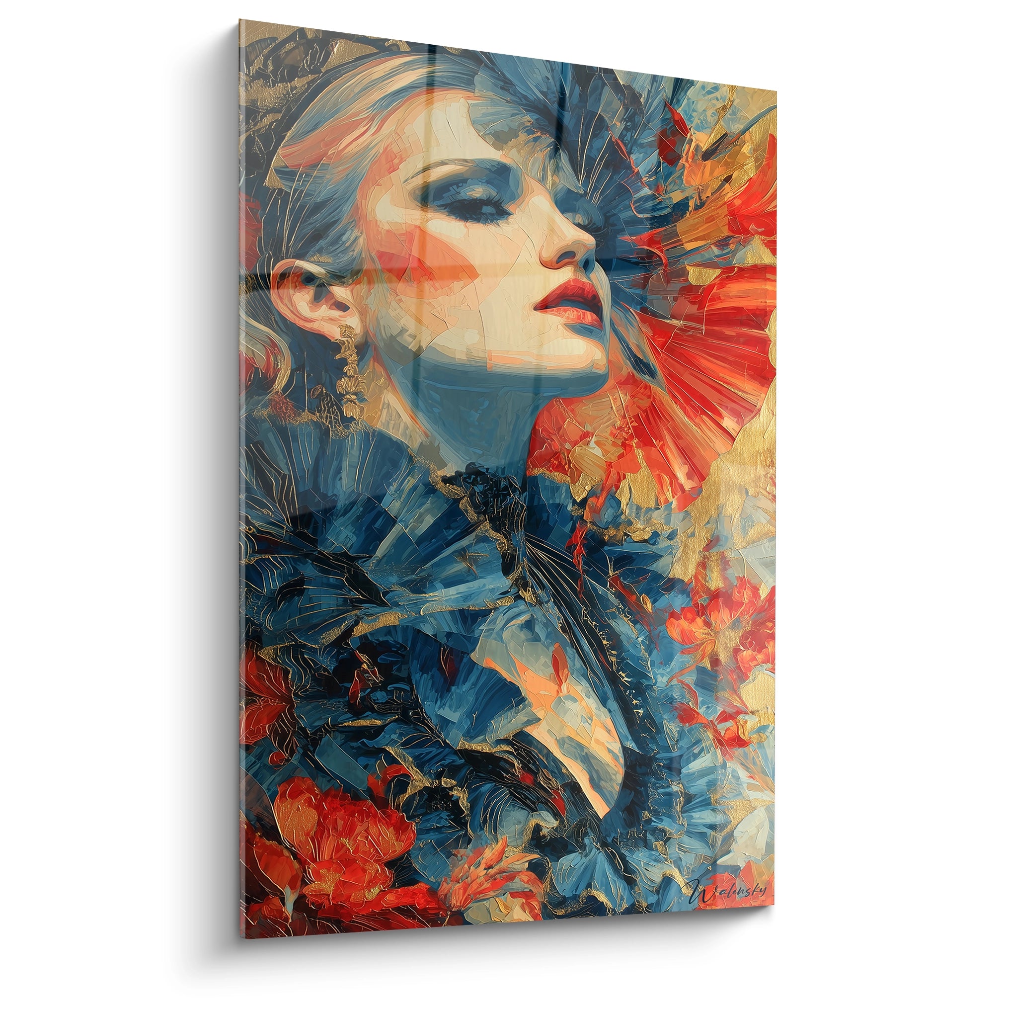 Walensky tableau gothique femme portrait artistique dune femme baroque bleu rouge fleurs col plissé