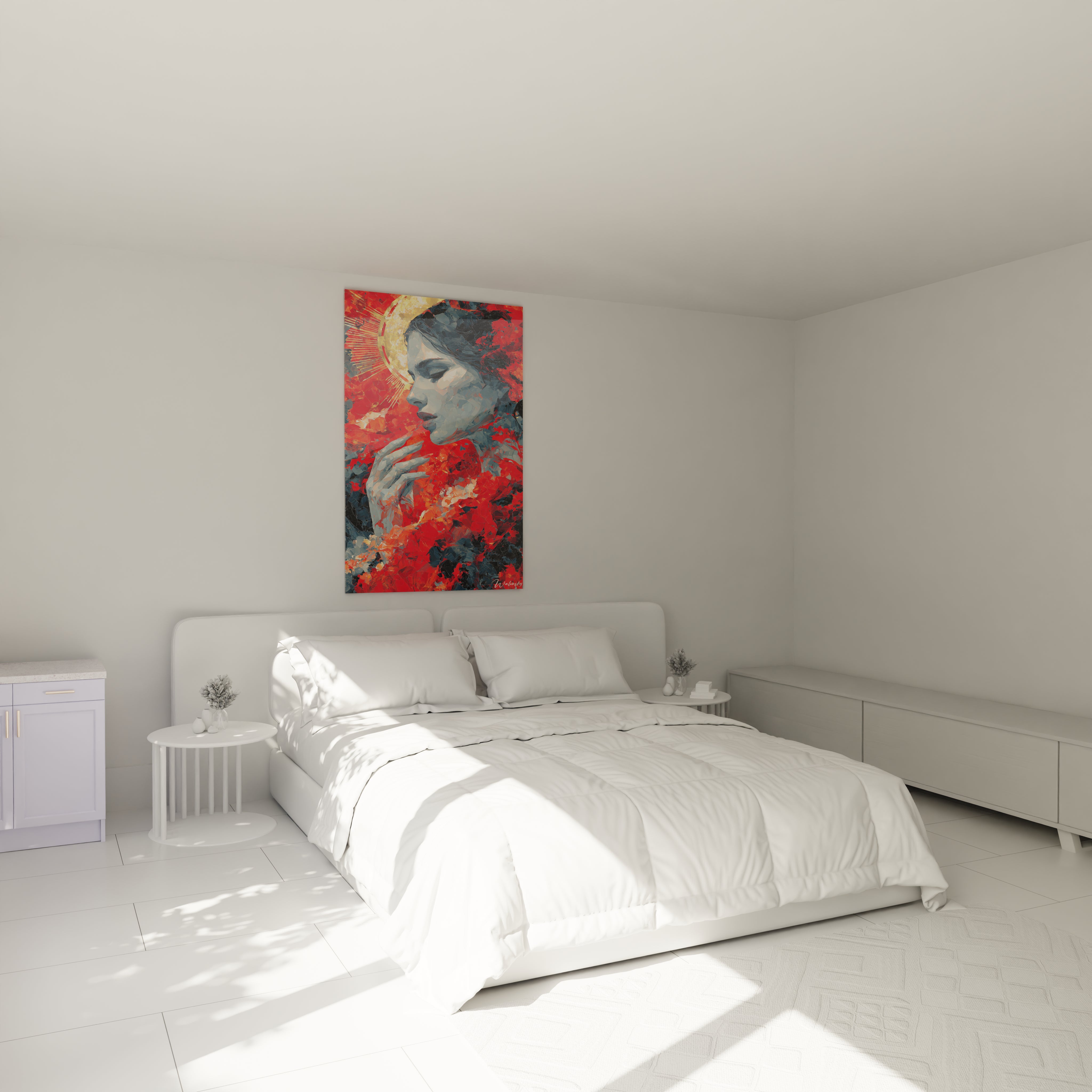 tableau gothique femme Walensky accroché au dessus d un lit blanc dans une chambre minimaliste portrait féminin aux tons rouges
