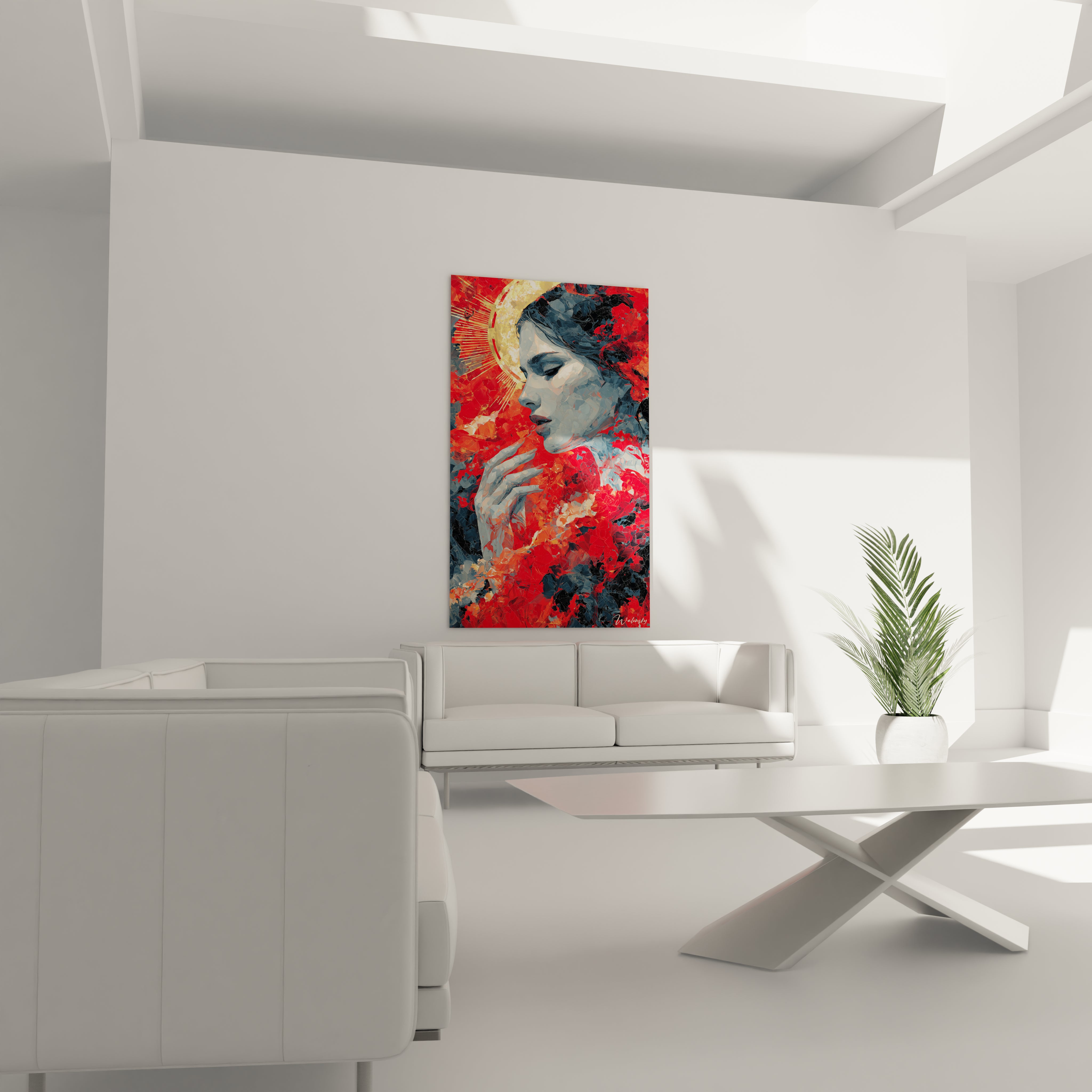 tableau gothique femme Walensky montrant un visage de femme rouge et noir accroché au mur du salon minimaliste blanc