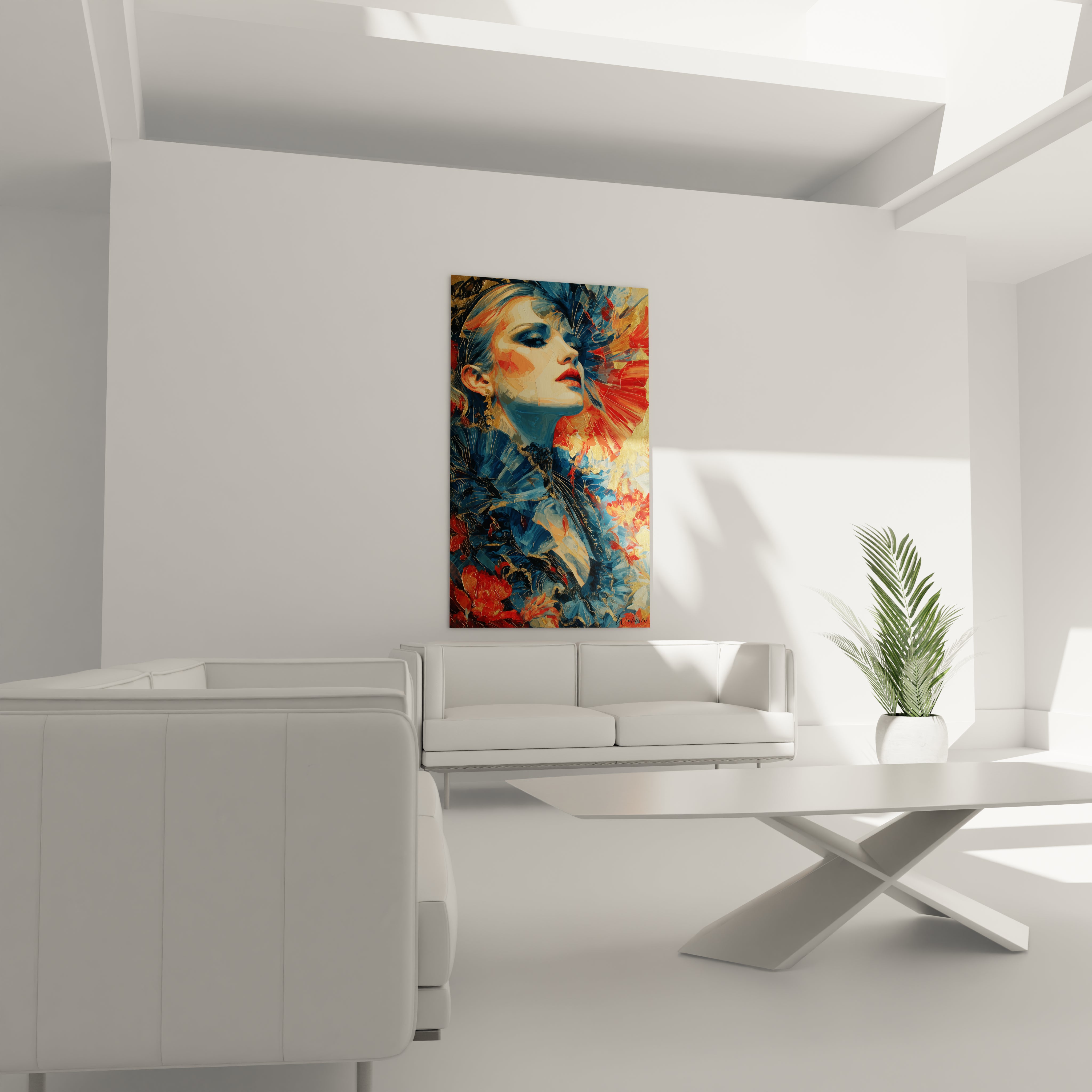 Tableau mural Walensky tableau gothique femme portrait colore et dramatique accroche au dessus du canape blanc minimaliste