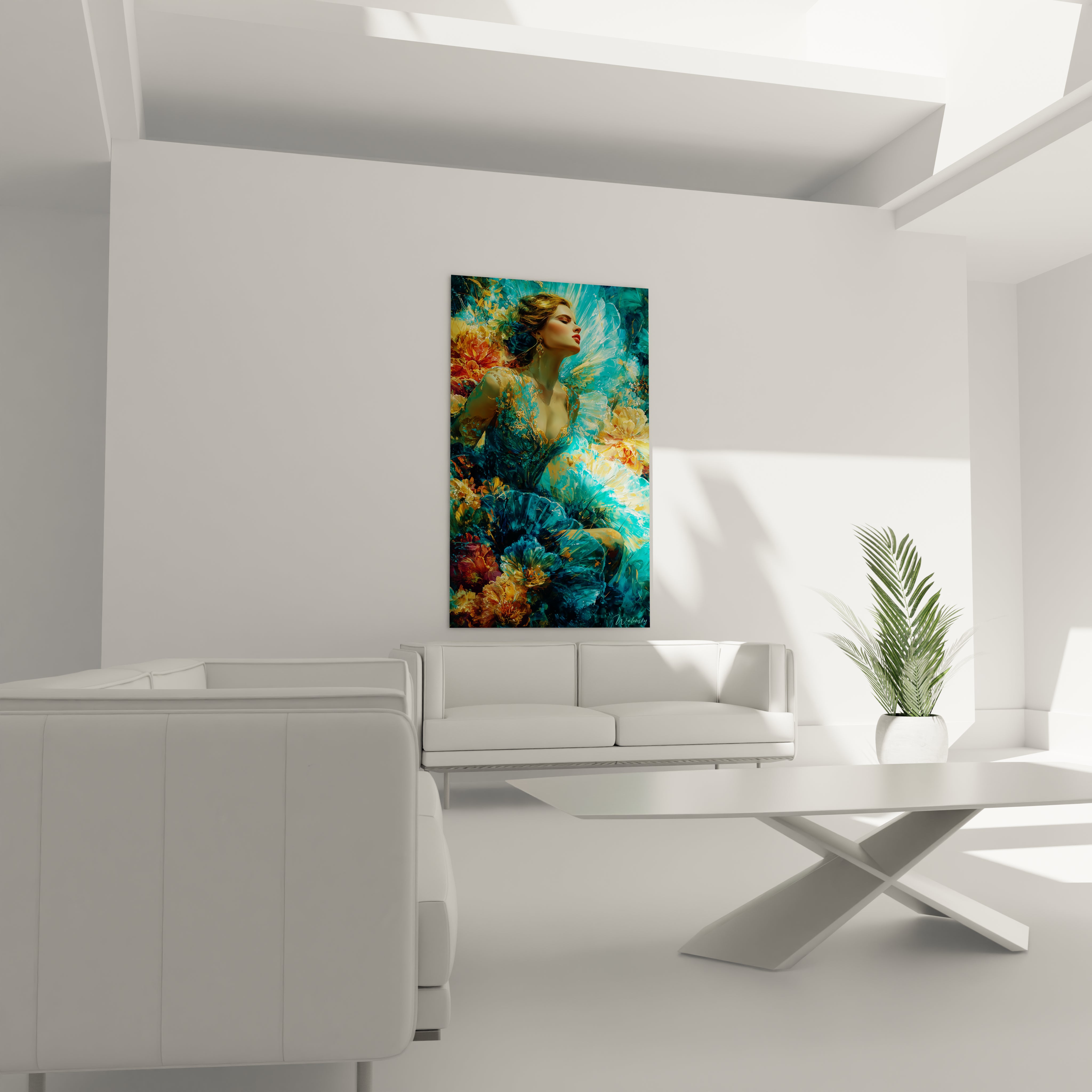 Walensky tableau gothique femme mural coloré vertical montrant une femme élégante entourée de fleurs