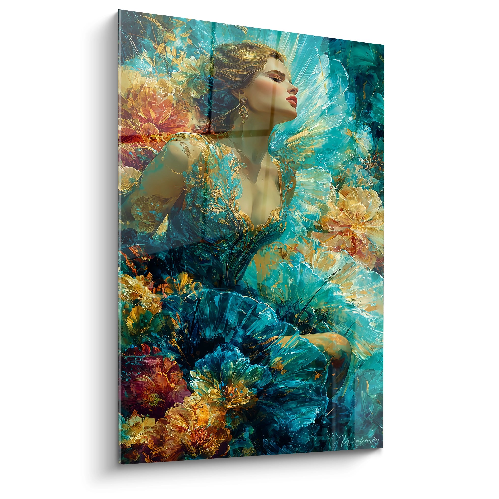 Tableau mural Walensky tableau gothique femme stylisee en robe bleu teal parmi fleurs dorees et motifs oniriques