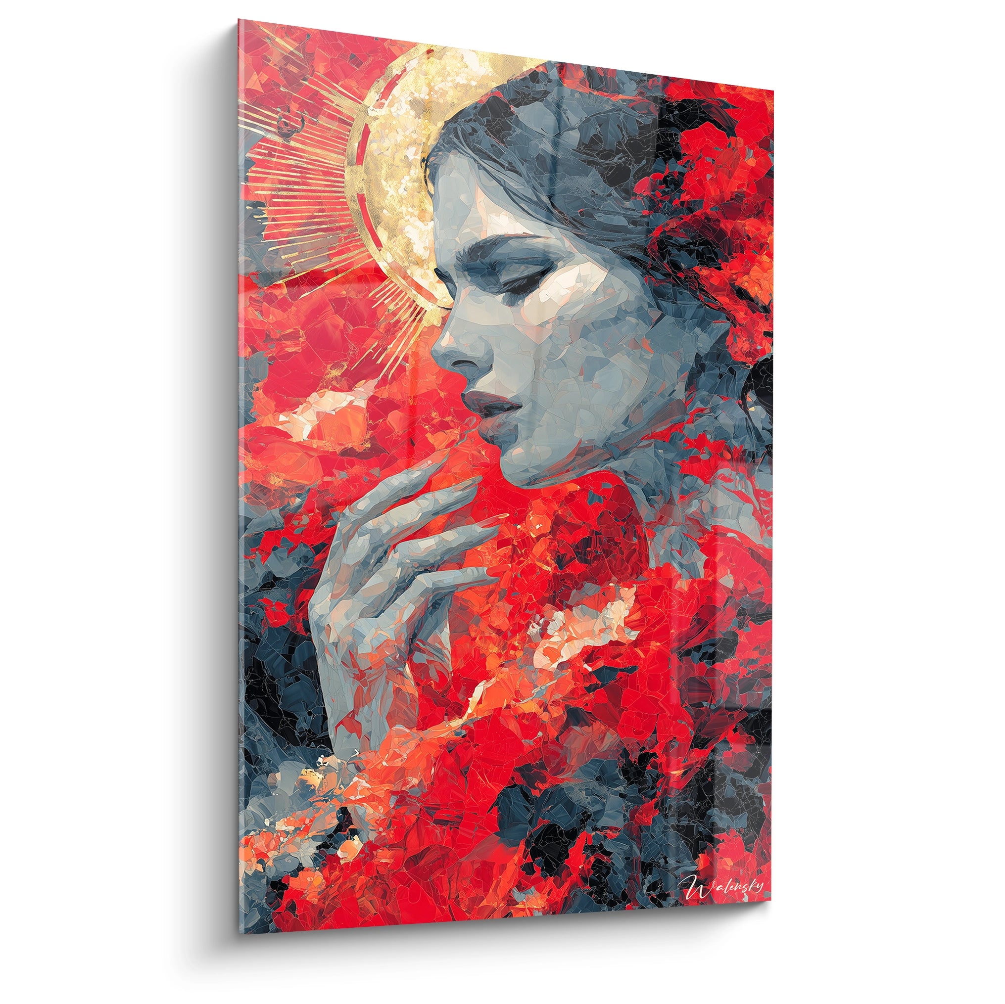 Walensky tableau gothique femme portrait profile féminin avec auréole dorée et fleurs rouges abstraites