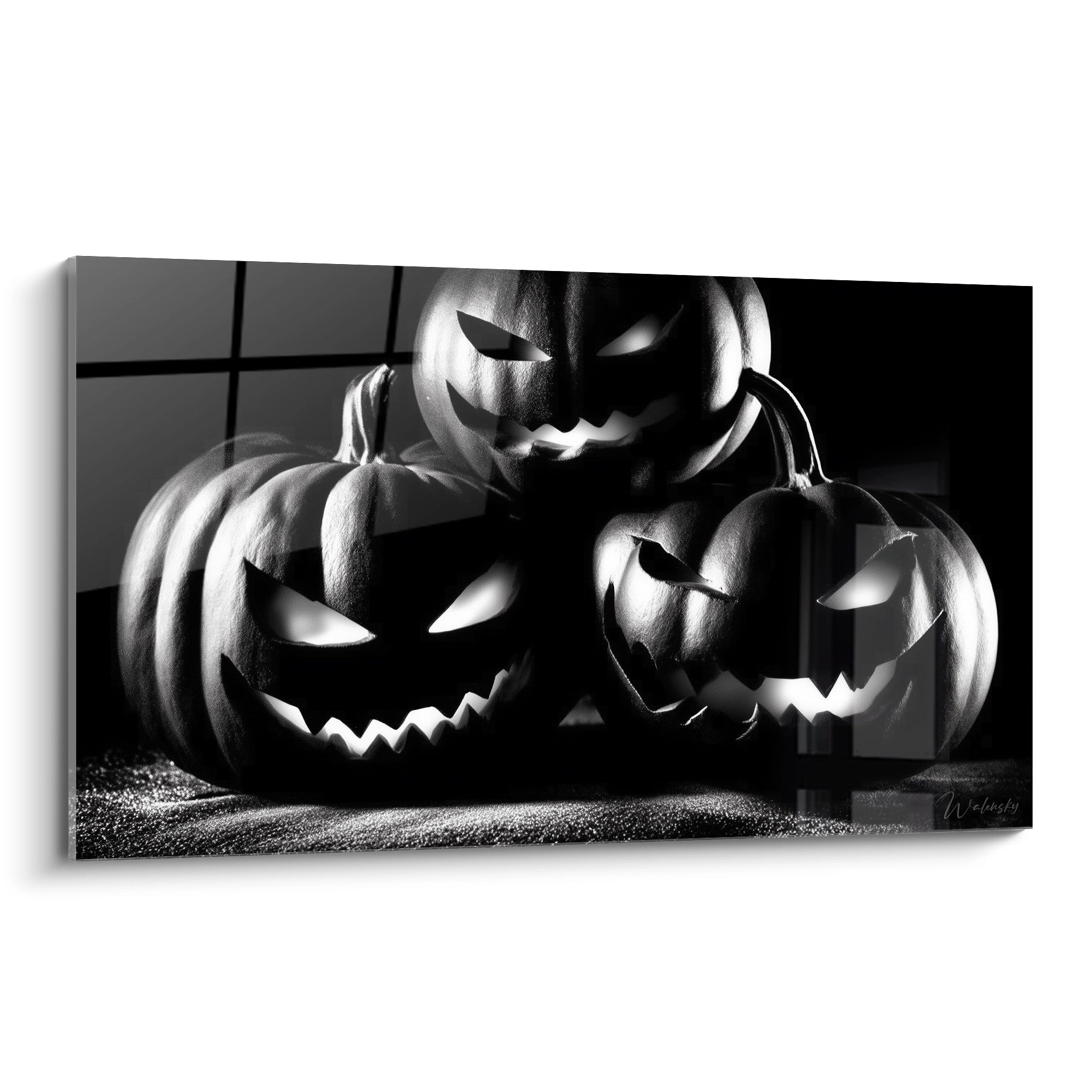 Walensky tableau halloween citrouille noir et blanc avec trois citrouilles sculptées aux visages menaçants
