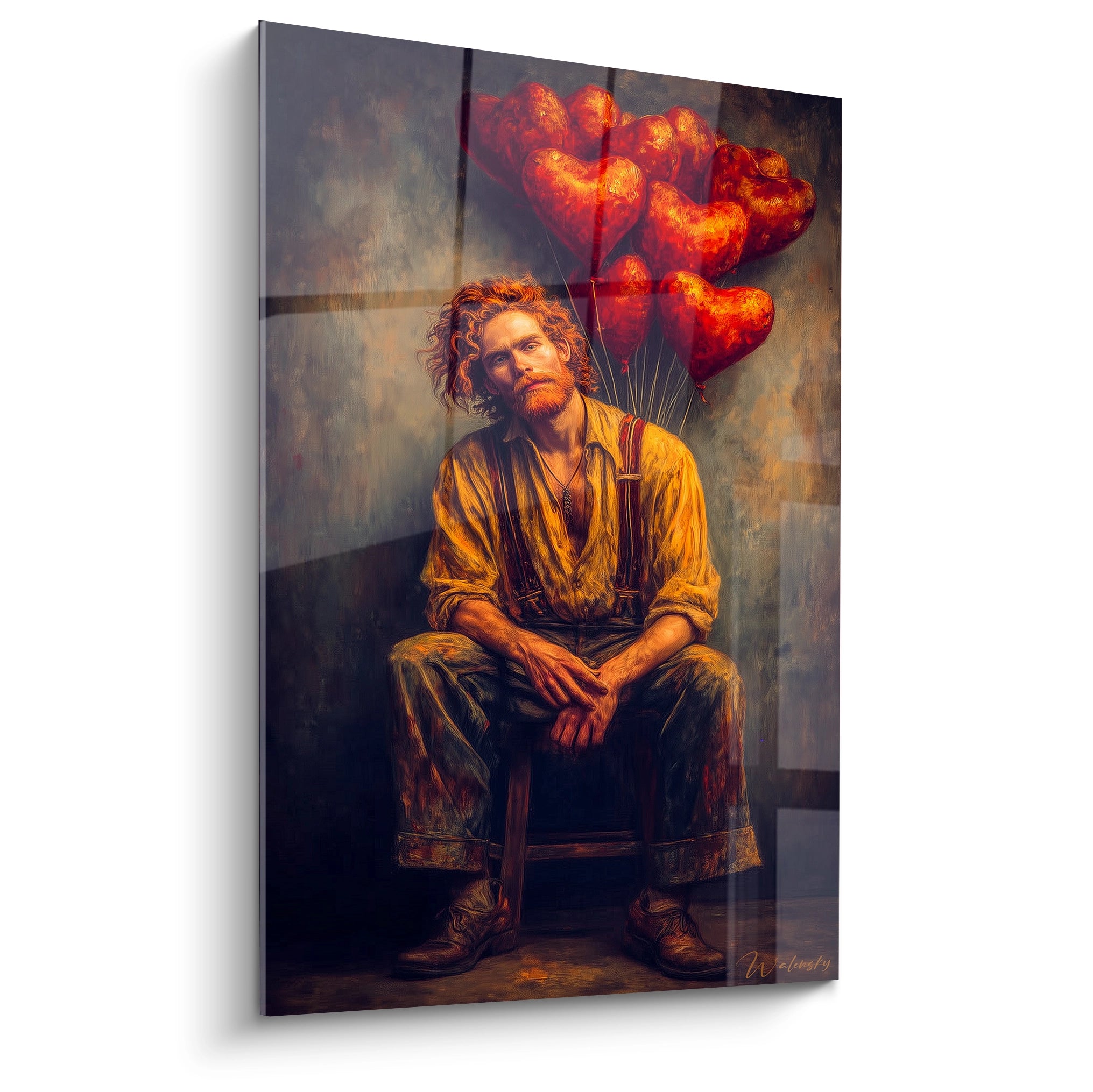 Tableau mural Walensky d un homme assis mélancolique entouré de ballons en forme de cœur tableau homme ballons cœur