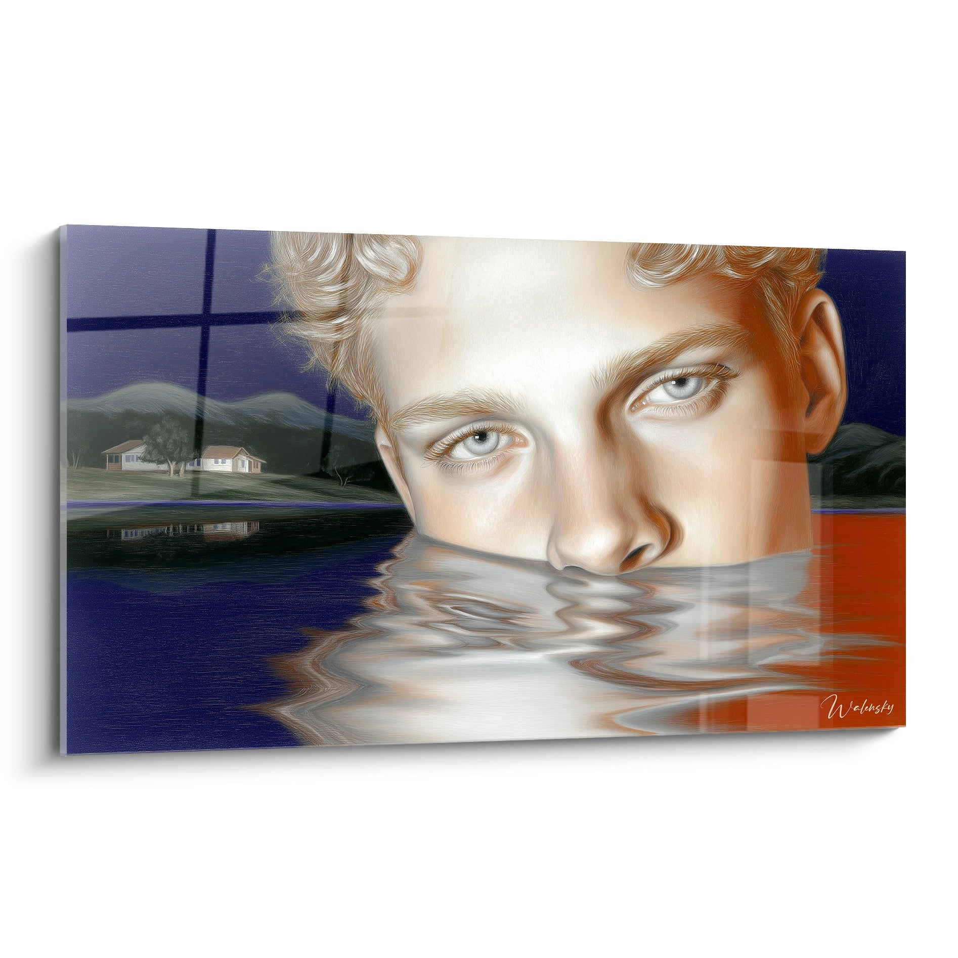 Walensky tableau hyperréalisme visage d un jeune homme partiellement immergé reflet d eau maison en arrière plan