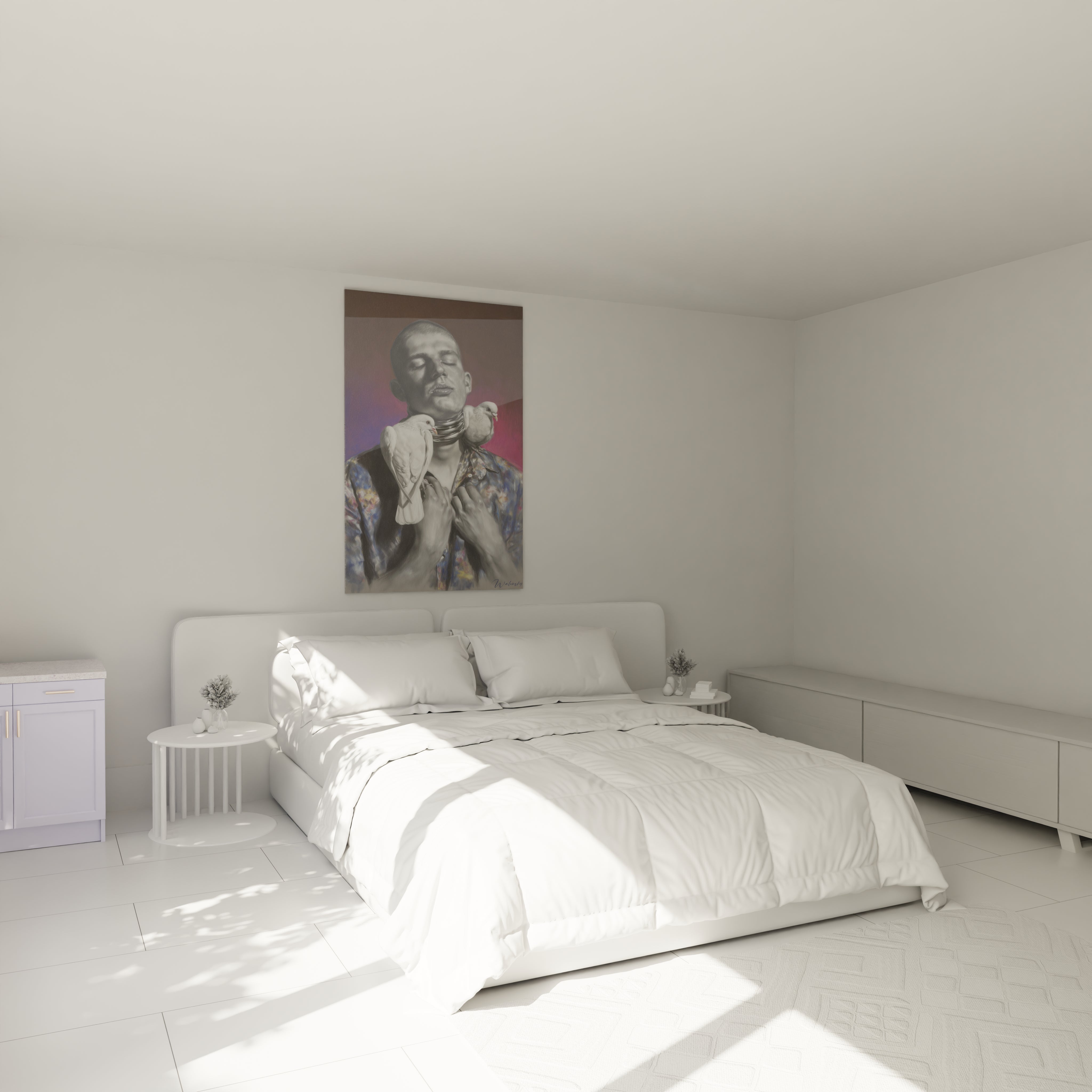 tableau hyperréaliste homme aux colombes de Walensky accroché au dessus du lit blanc dans une chambre minimaliste