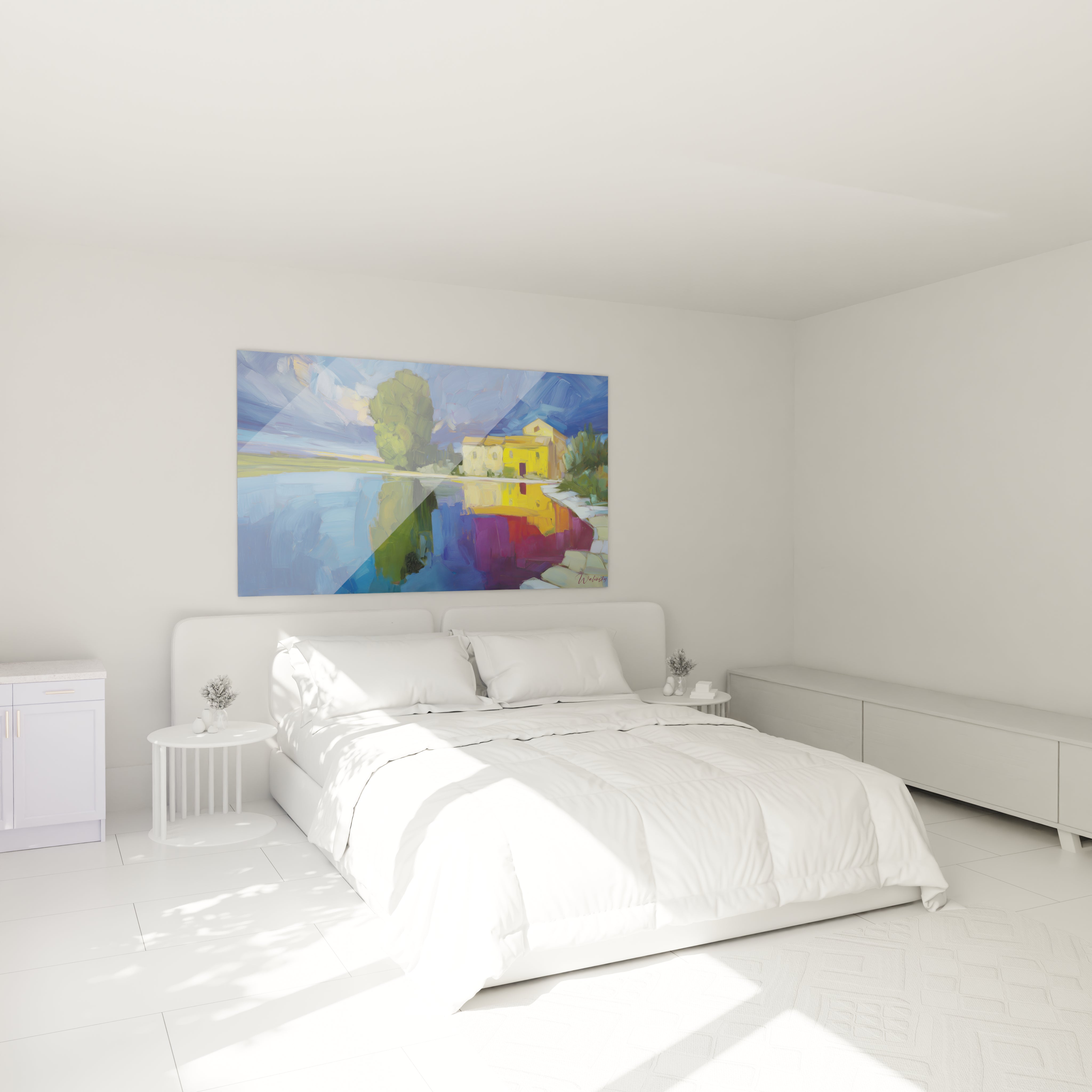 Walensky tableau impressionniste lac coloré accroché au dessus d un lit dans une chambre blanche minimaliste