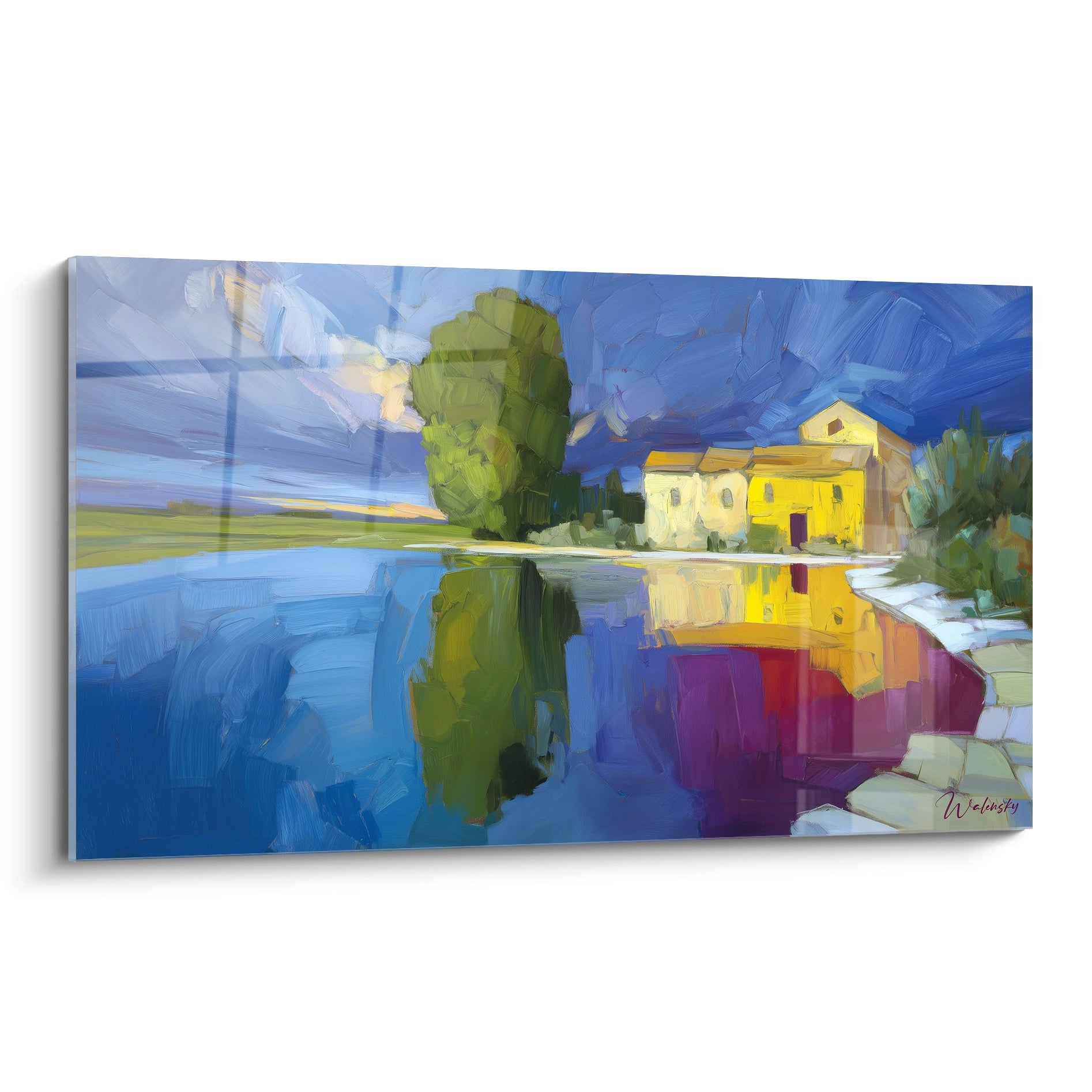 tableau impressionniste lac Walensky grand tableau mural toile colorée maison jaune reflet sur l eau