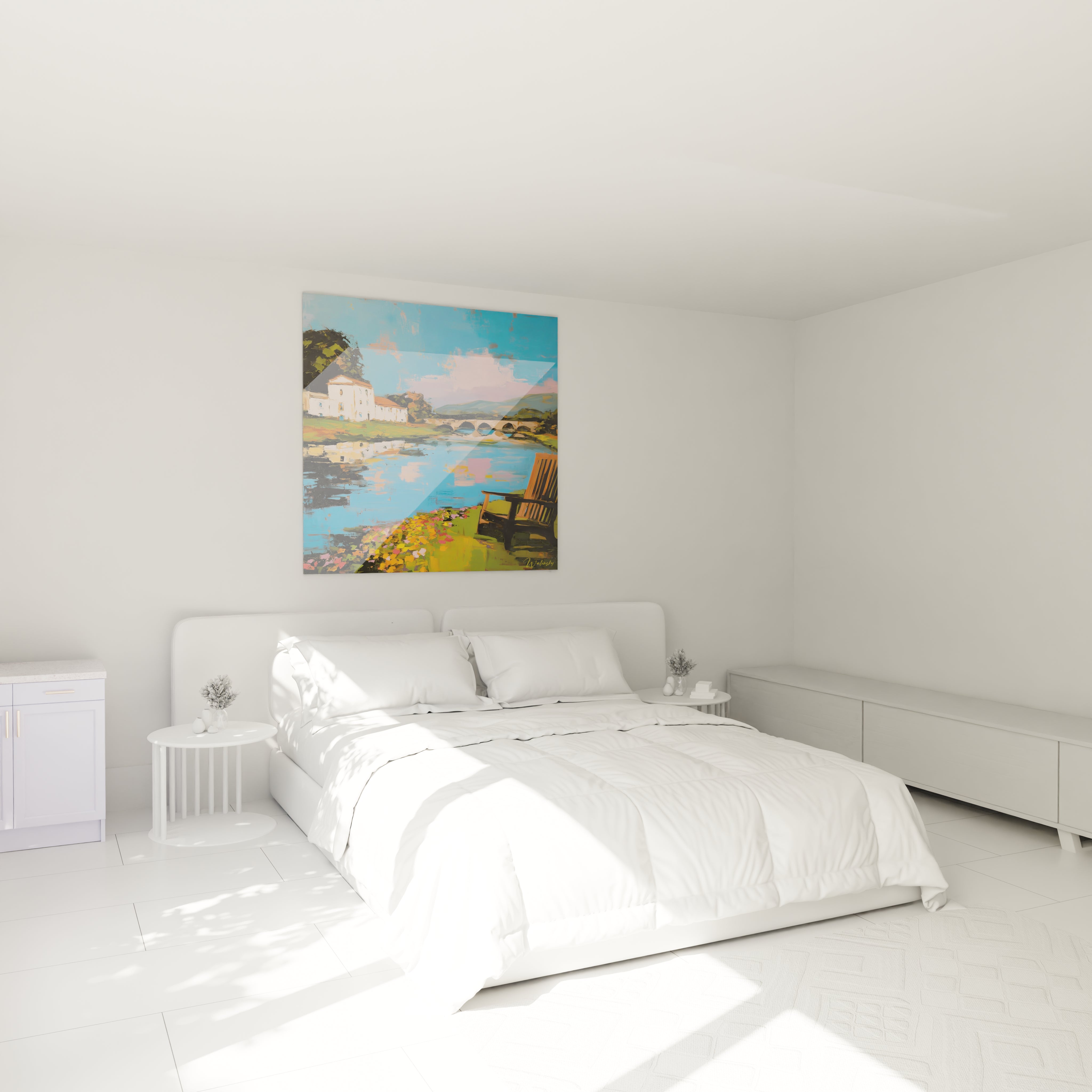 Tableau mural Walensky tableau impressionniste paysage coloré accroché au dessus de un lit blanc dans une chambre moderne