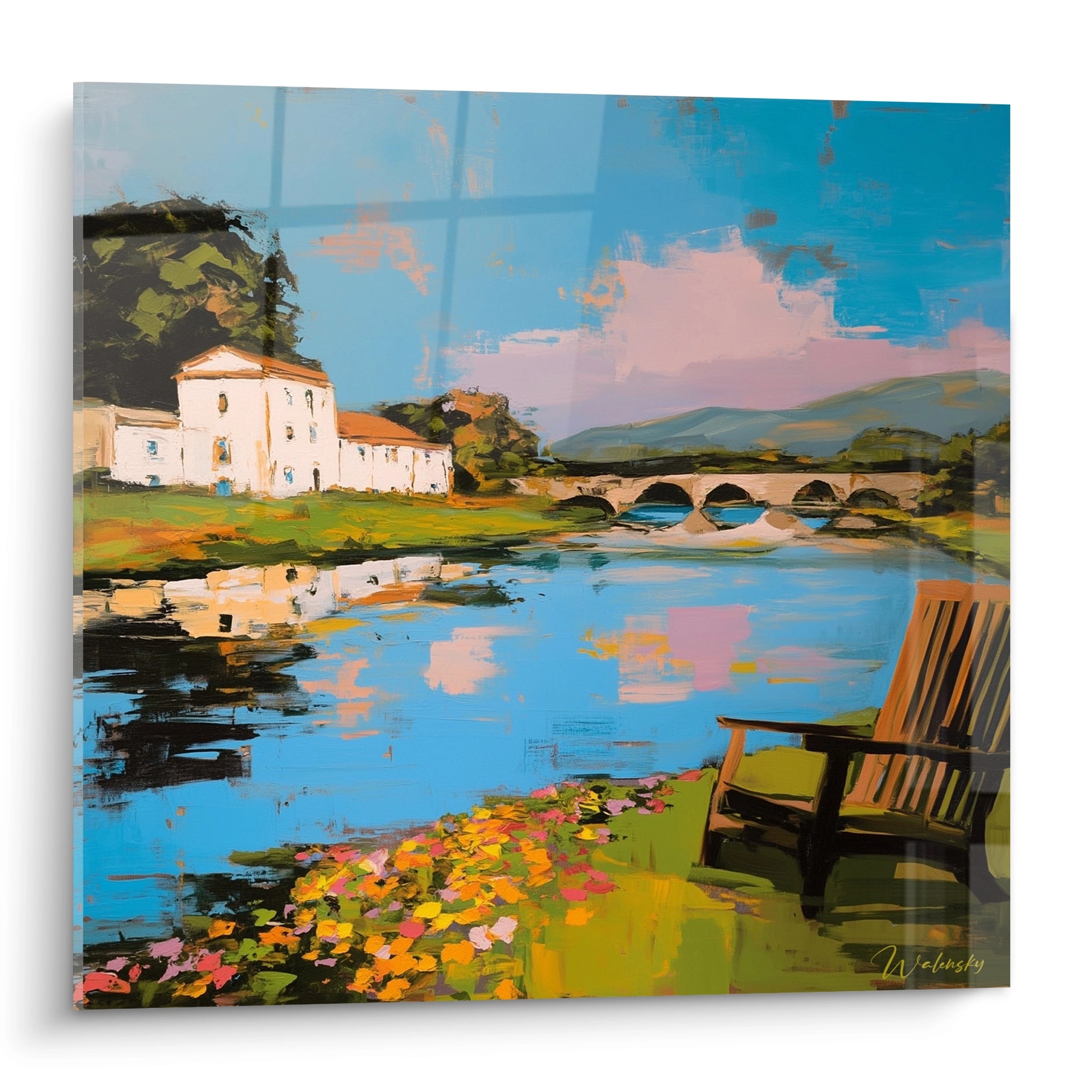 Tableau mural Walensky montrant un tableau impressionniste paysage au bord de la riviere avec maison pont et chaise en bois