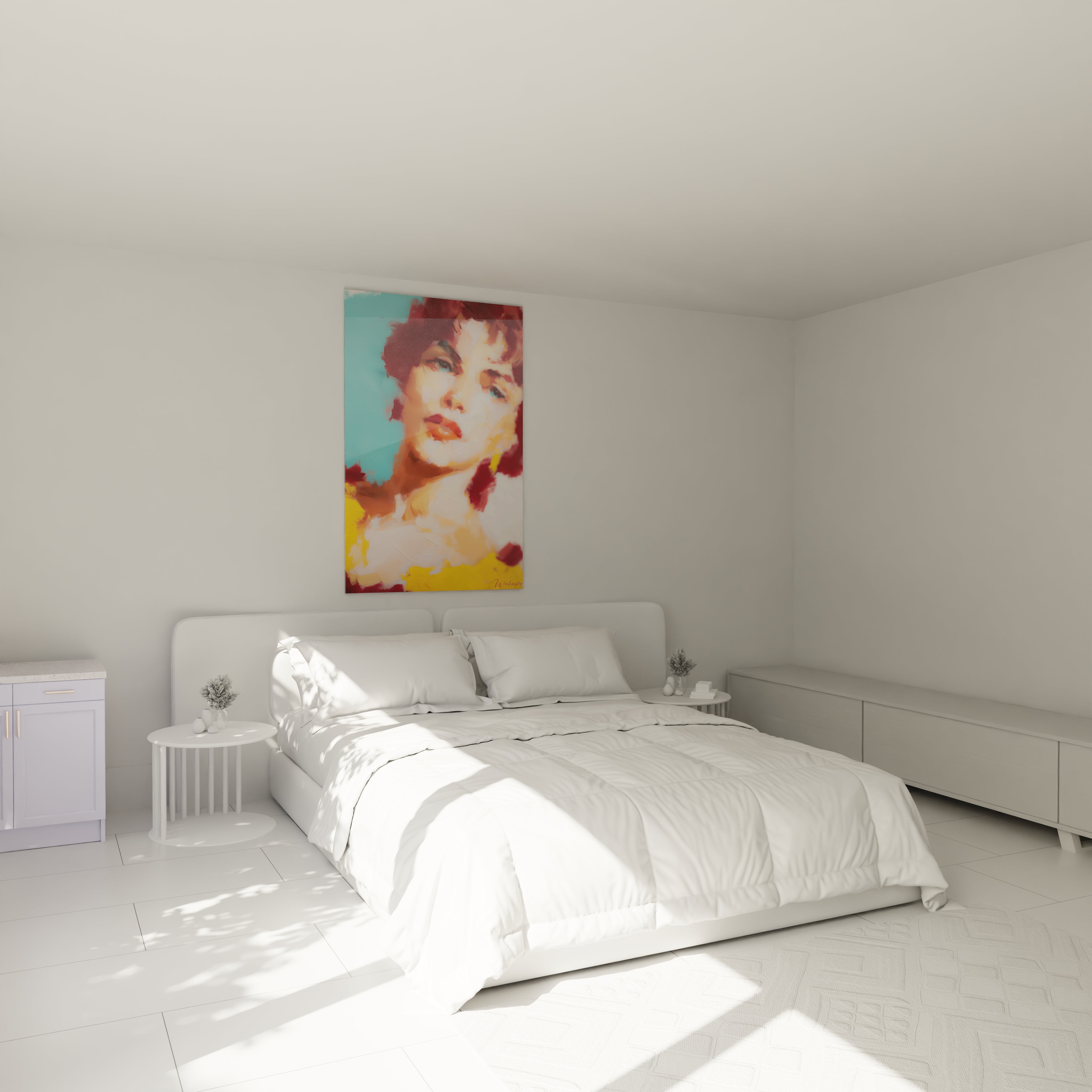Walensky tableau impressionniste portrait moderne coloré d'une femme accroché au dessus du lit blanc minimaliste