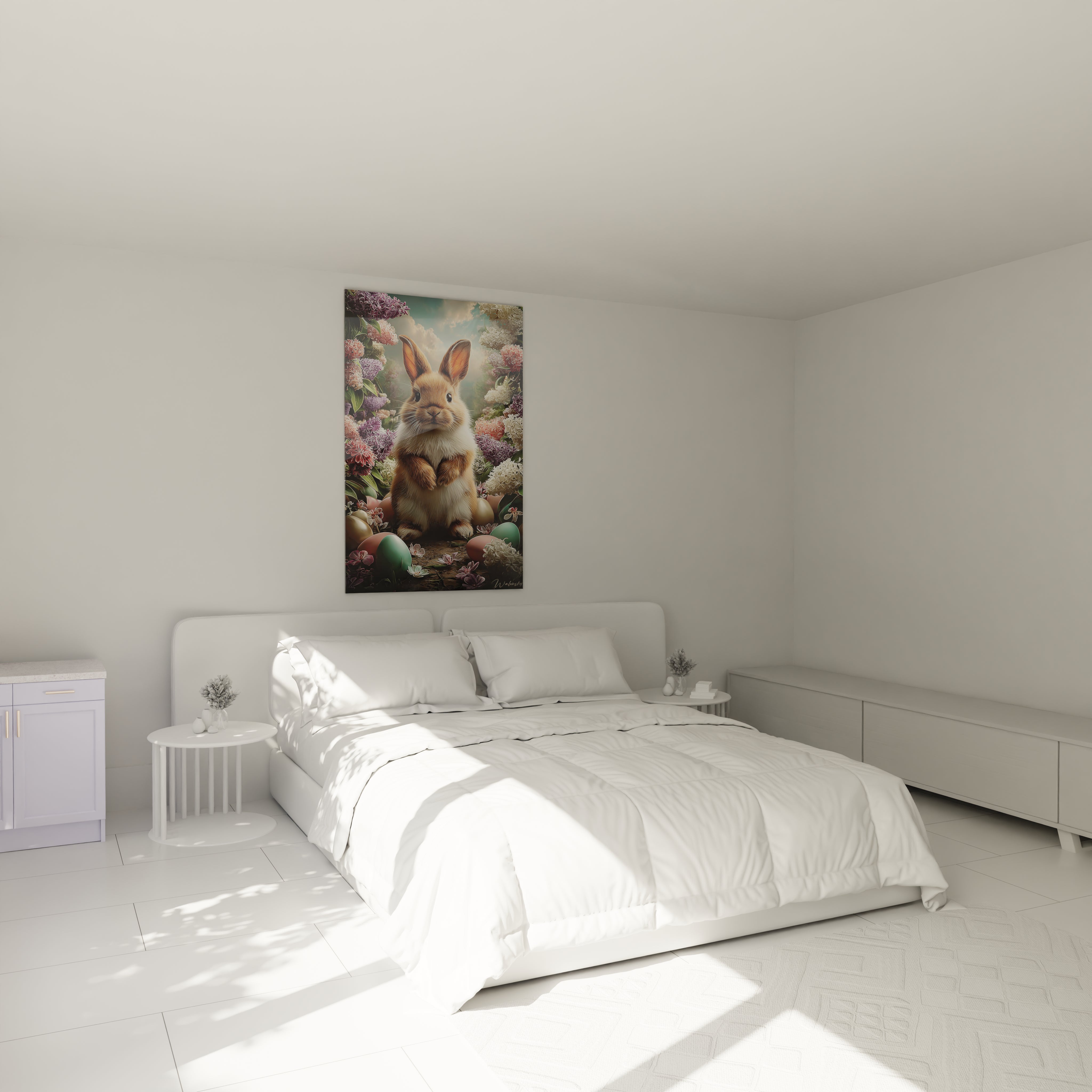 Tableau mural Walensky avec tableau lapin de Pâques au dessus d un lit blanc minimaliste et oeufs décoratifs